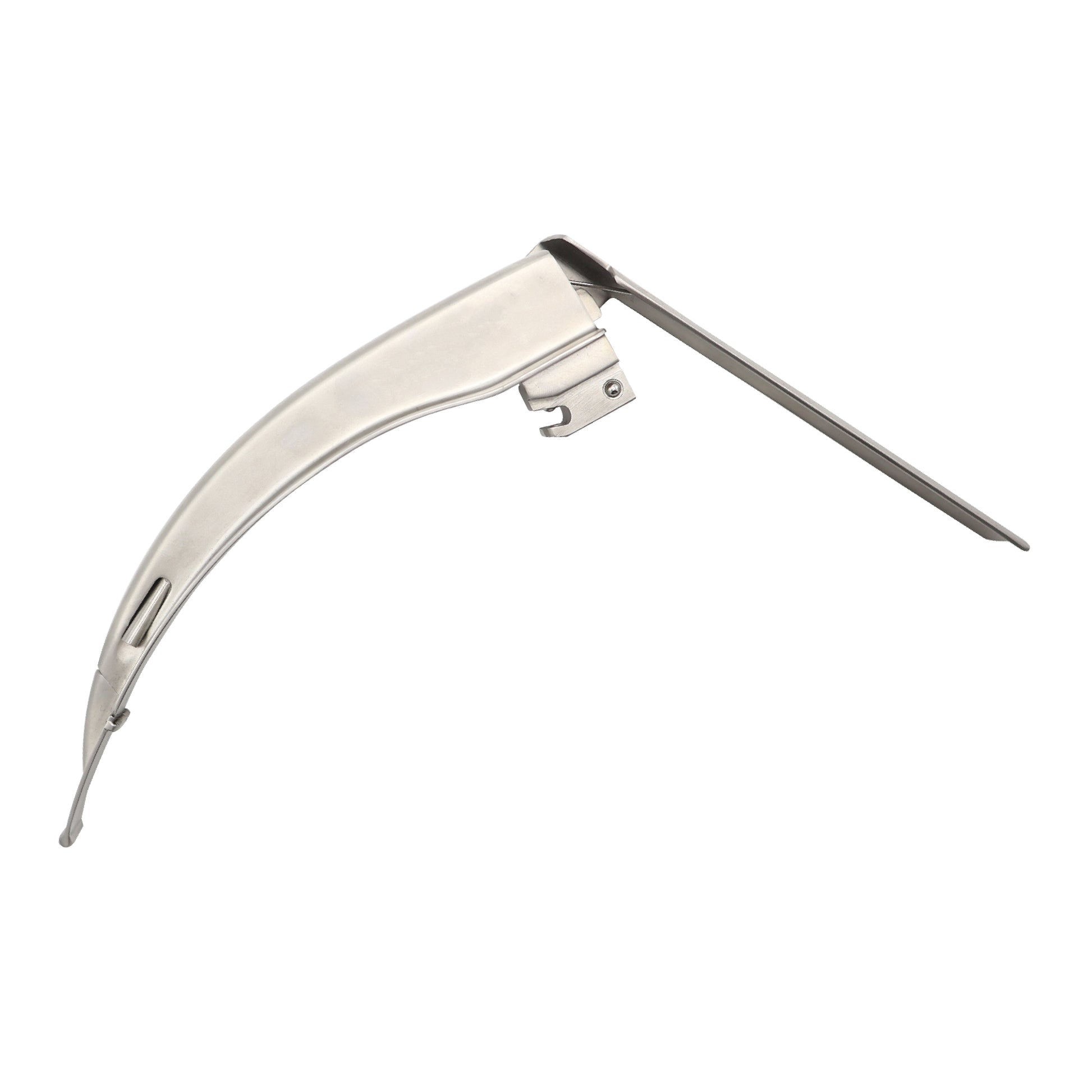 A stainless steel McCoy-type laryngoscope blade for medical intubation, showing its characteristic curved shape and adjustable hinged distal tip.