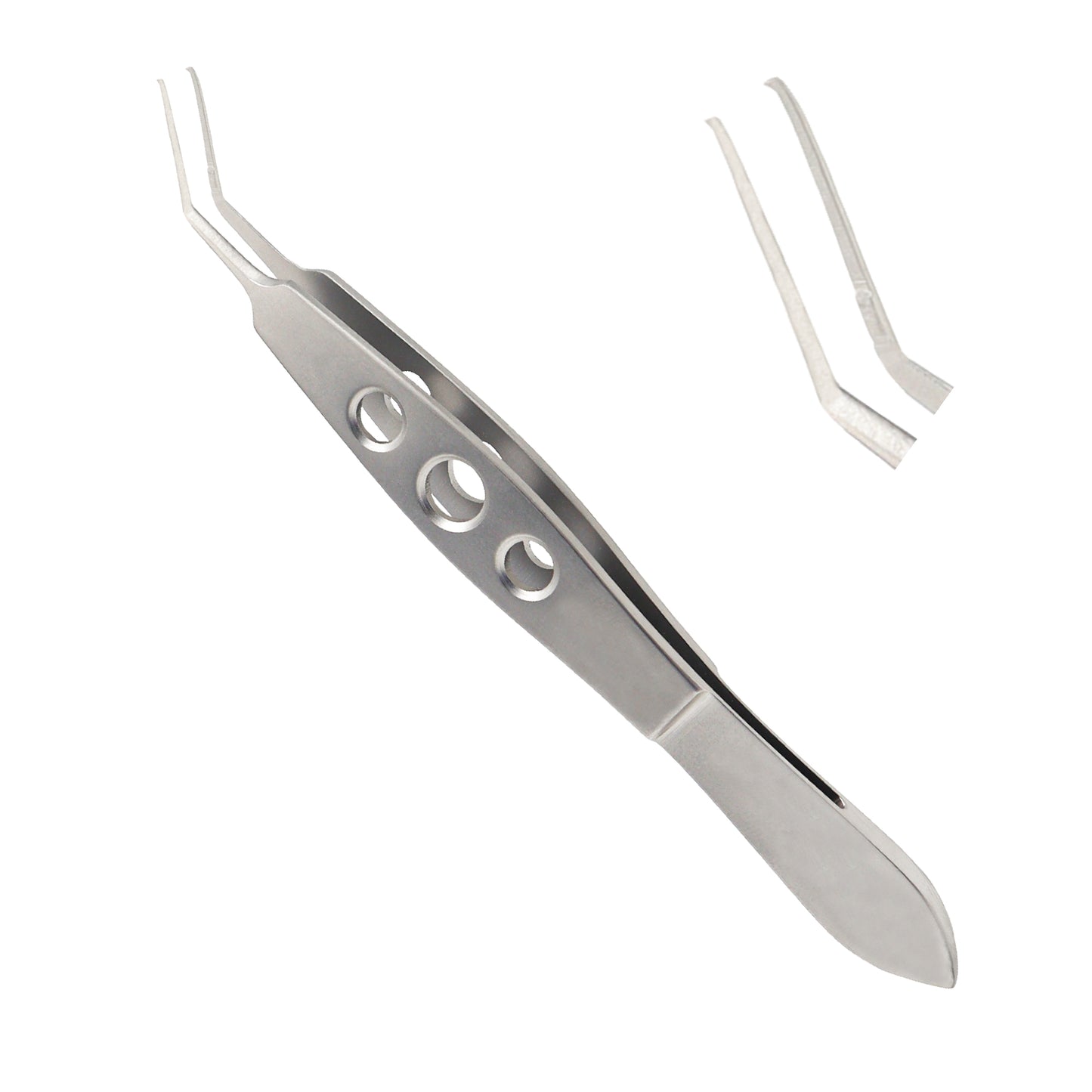 McPherson lens holding ophthalmic forceps with angled, delicate jaws and a three-hole handle design, shown against a white background.