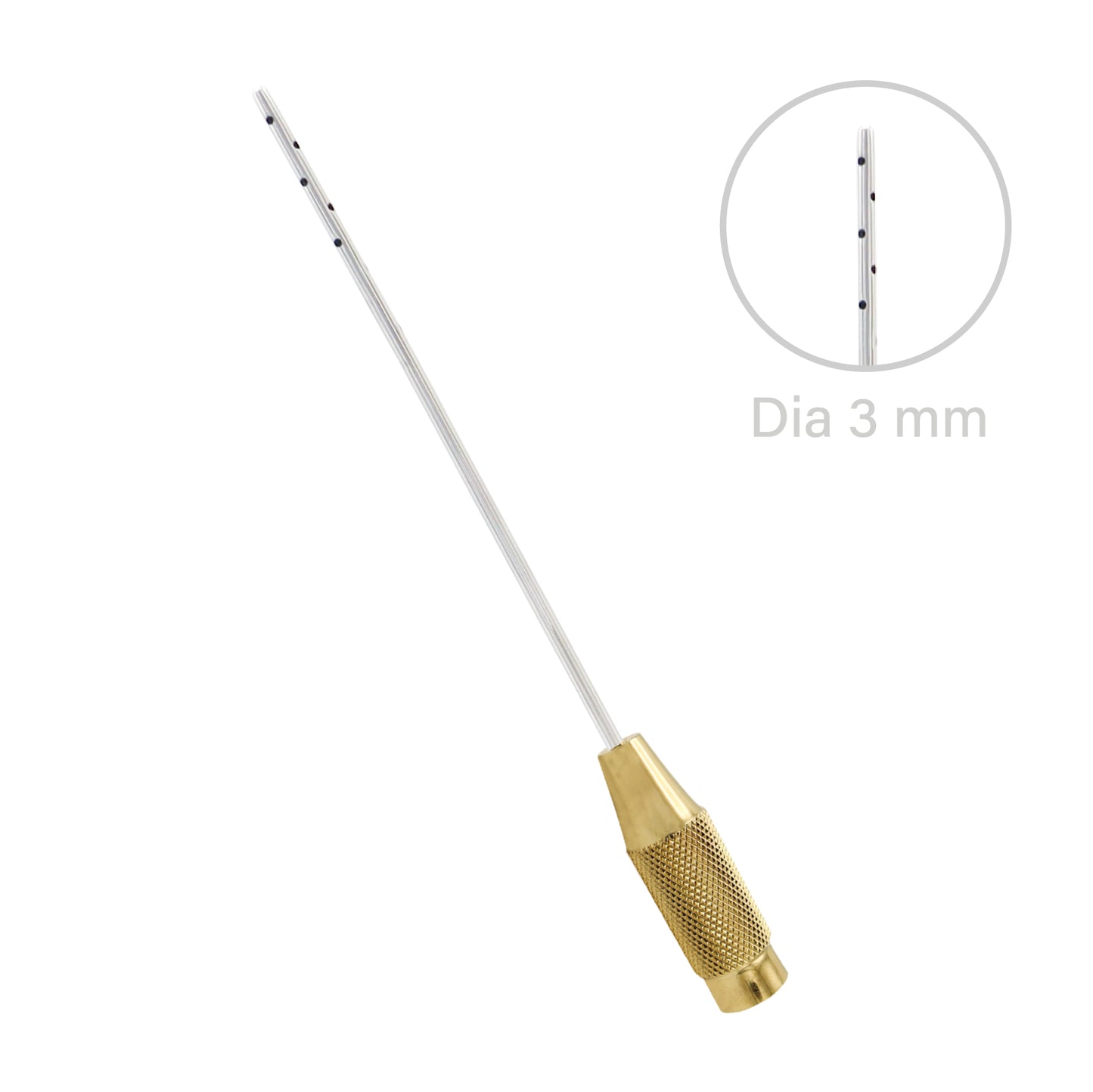  A 3mm diameter medical-grade liposuction cannula with multiple suction ports and a textured gold-plated handle for fat extraction procedures.