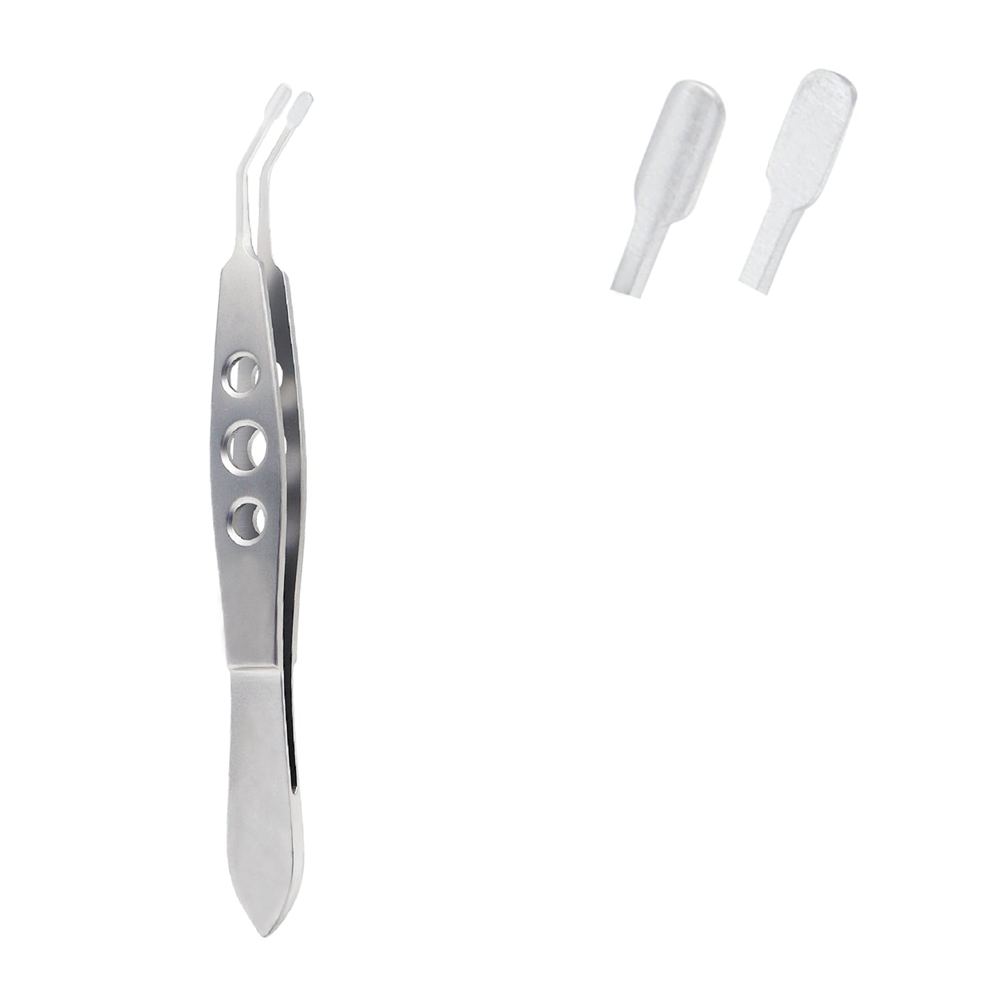 Professional stainless steel Meibomian Gland Expressor forceps with curved, round tips and silicone covers. Designed for precise, gentle pressure to treat dry eye syndrome and meibomian gland dysfunction.