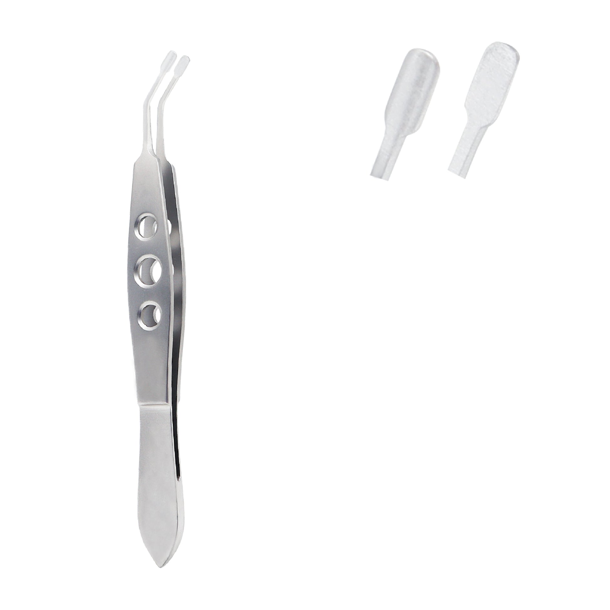 Professional stainless steel Meibomian Gland Expressor forceps with curved, round tips and silicone covers. Designed for precise, gentle pressure to treat dry eye syndrome and meibomian gland dysfunction.