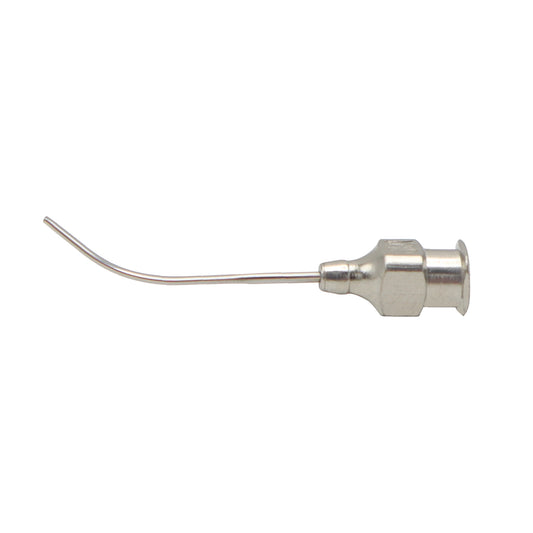 Metal dental tool with curved tip on a white background