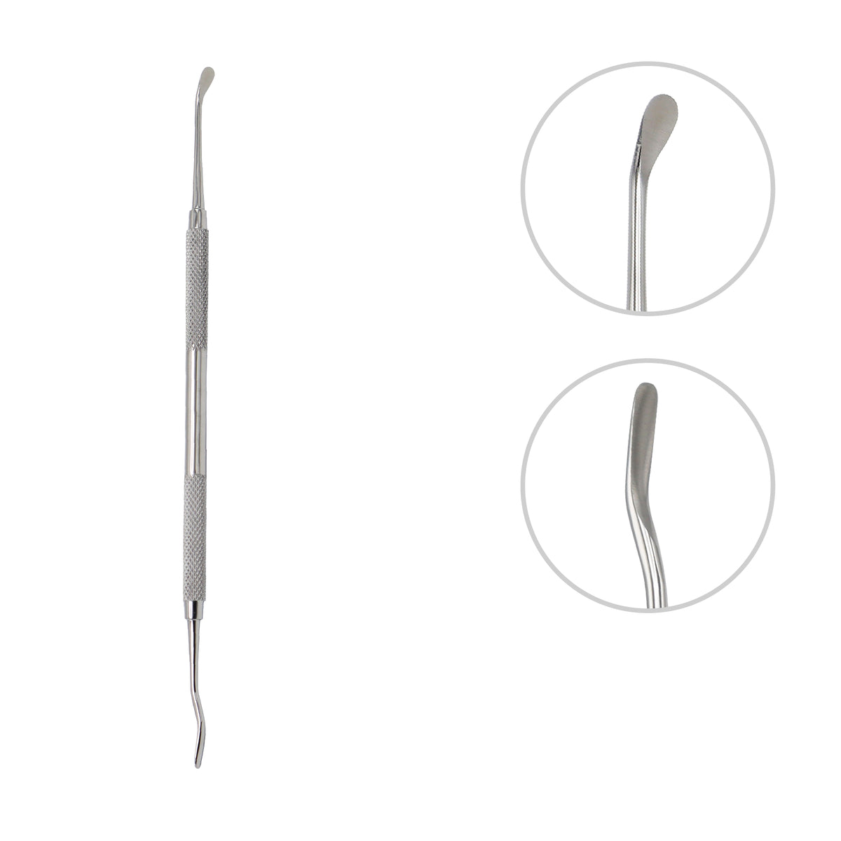 Metal dental tool with detailed views on a white background