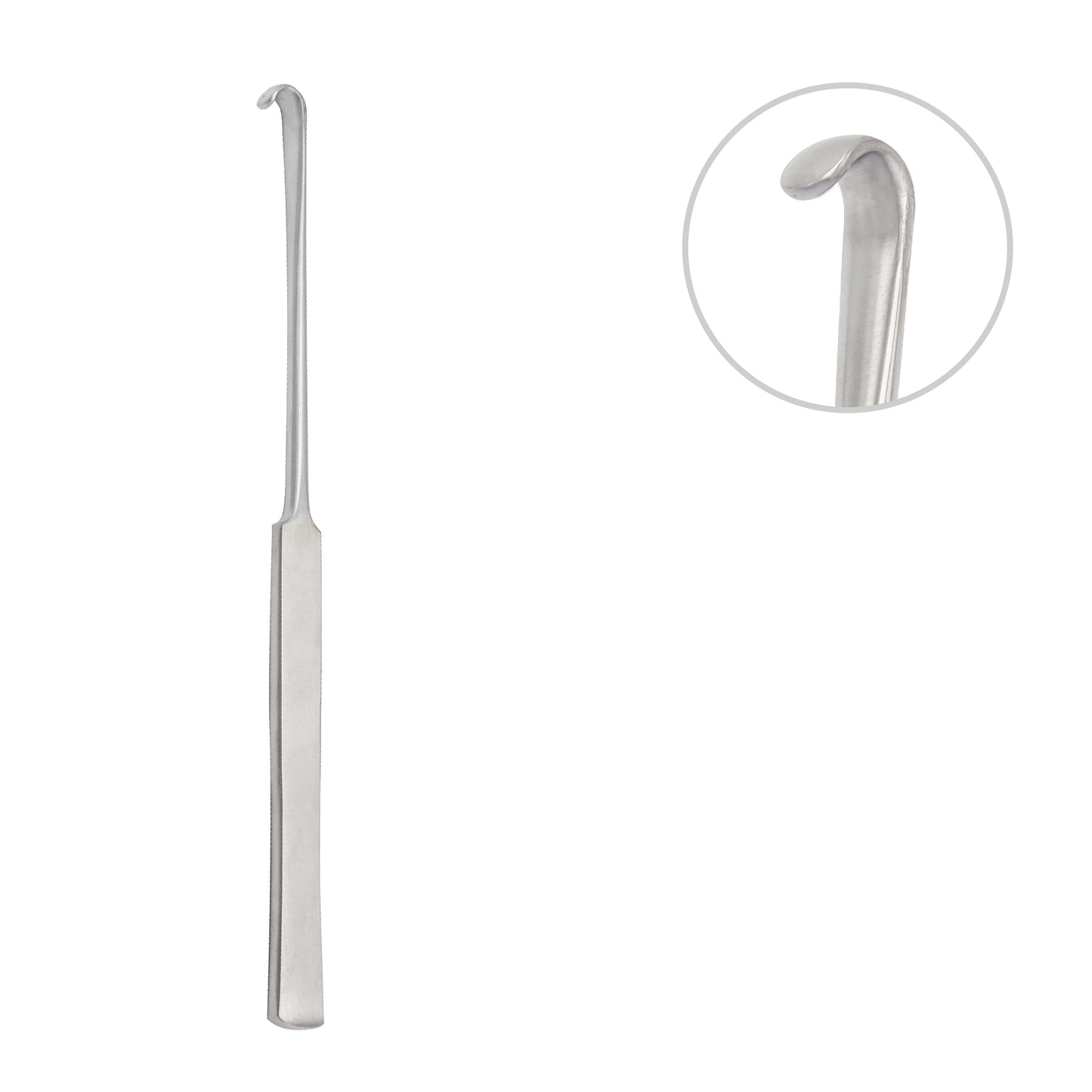 Metal hook tool on a white background with an inset showing a close-up of the hook's tip.