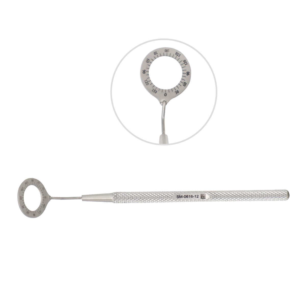 Metal medical tool with a close-up inset showing measurement details on a white background