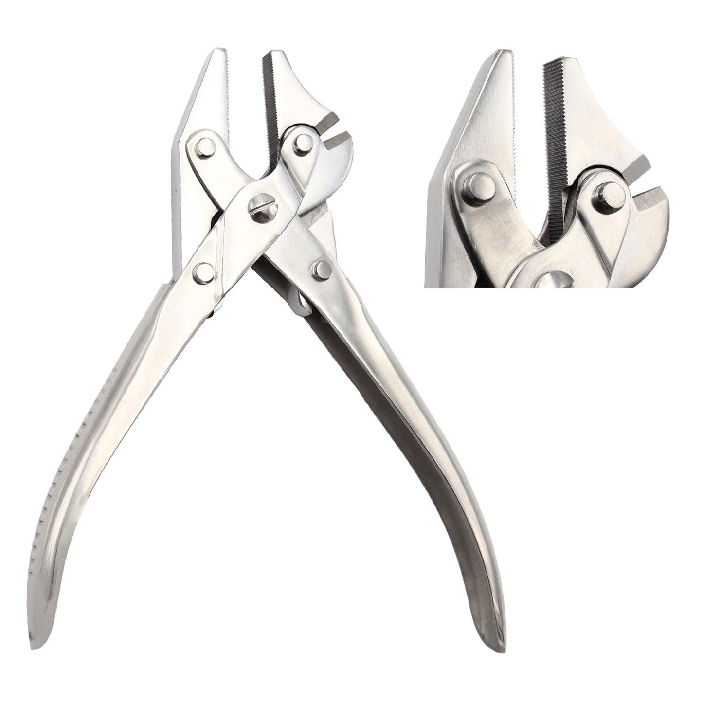 Metal pliers with a close-up inset on a white background