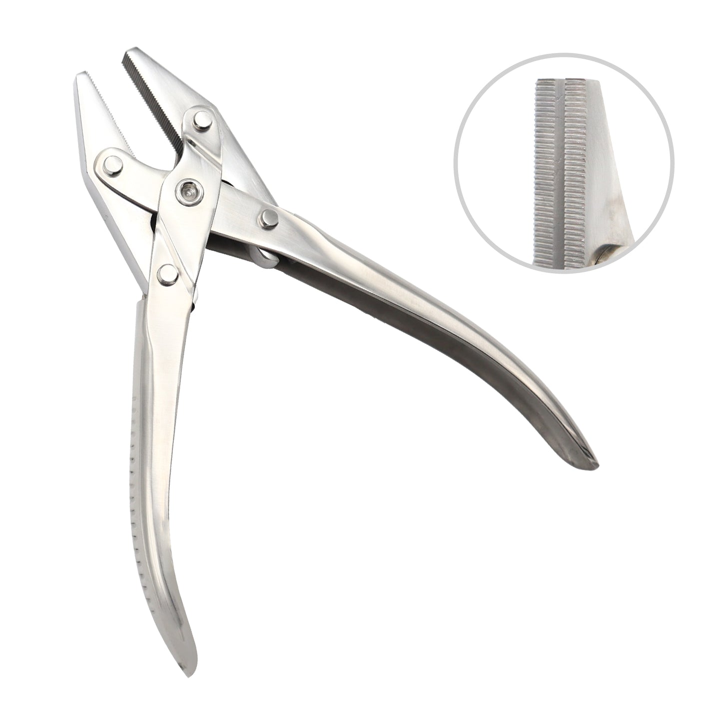 Metal pliers with a close-up inset showing a comb-like component on a white background