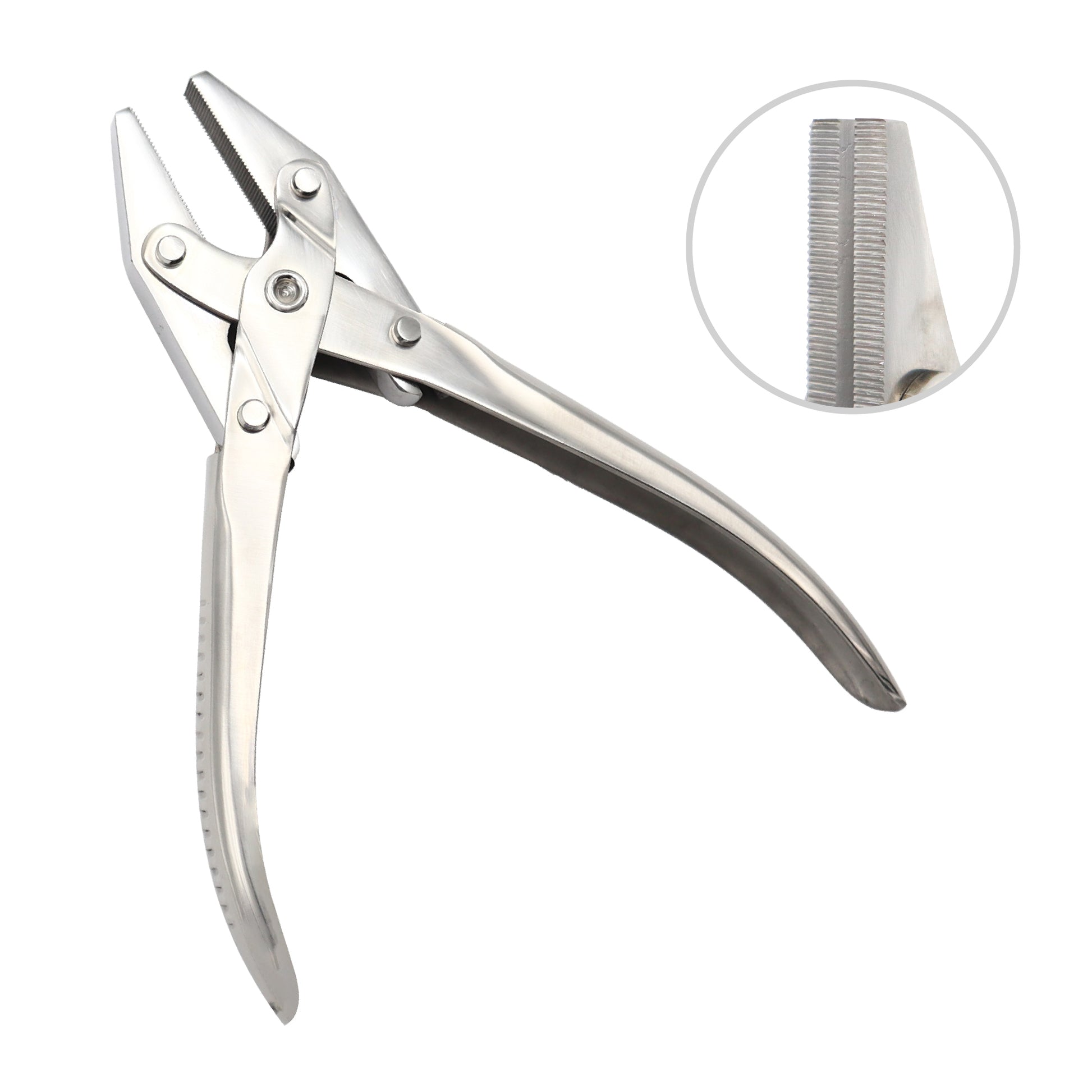 Metal pliers with a close-up inset showing a comb-like component on a white background