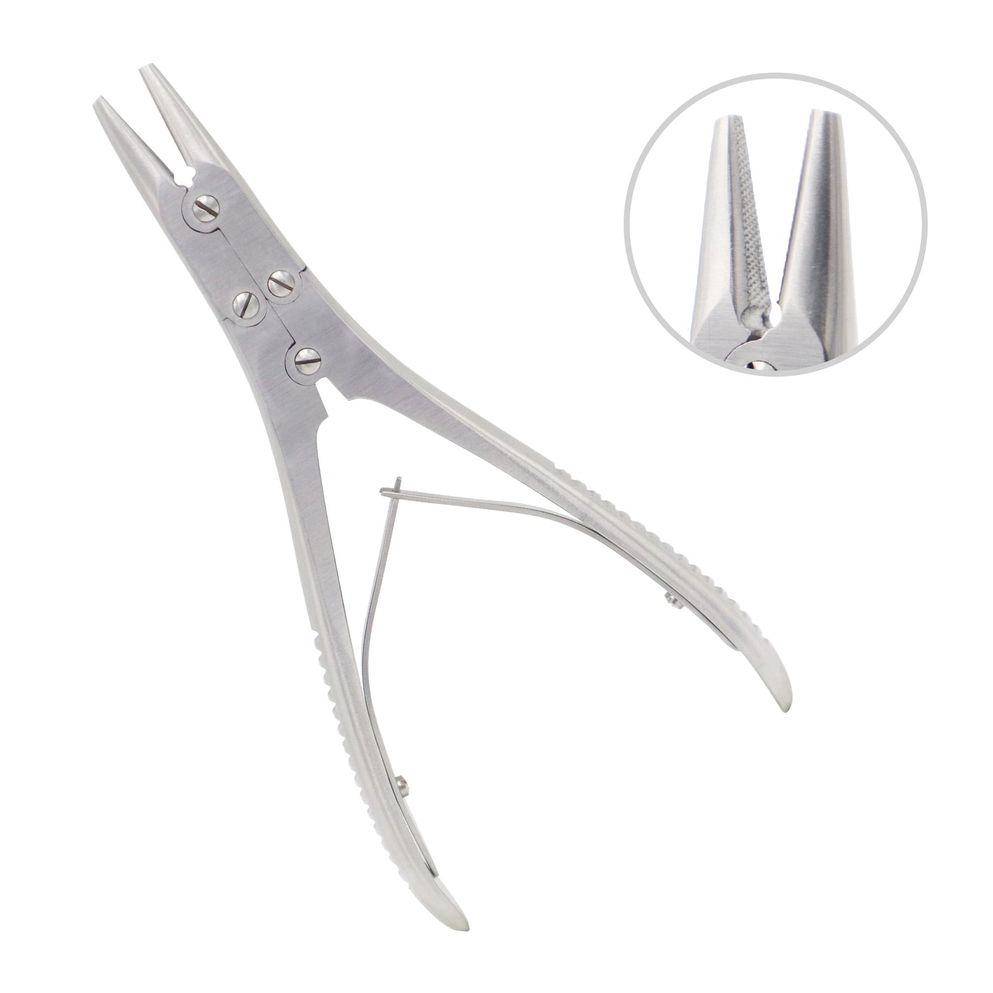 Metal pliers with a close-up inset showing the sharp tips on a white background