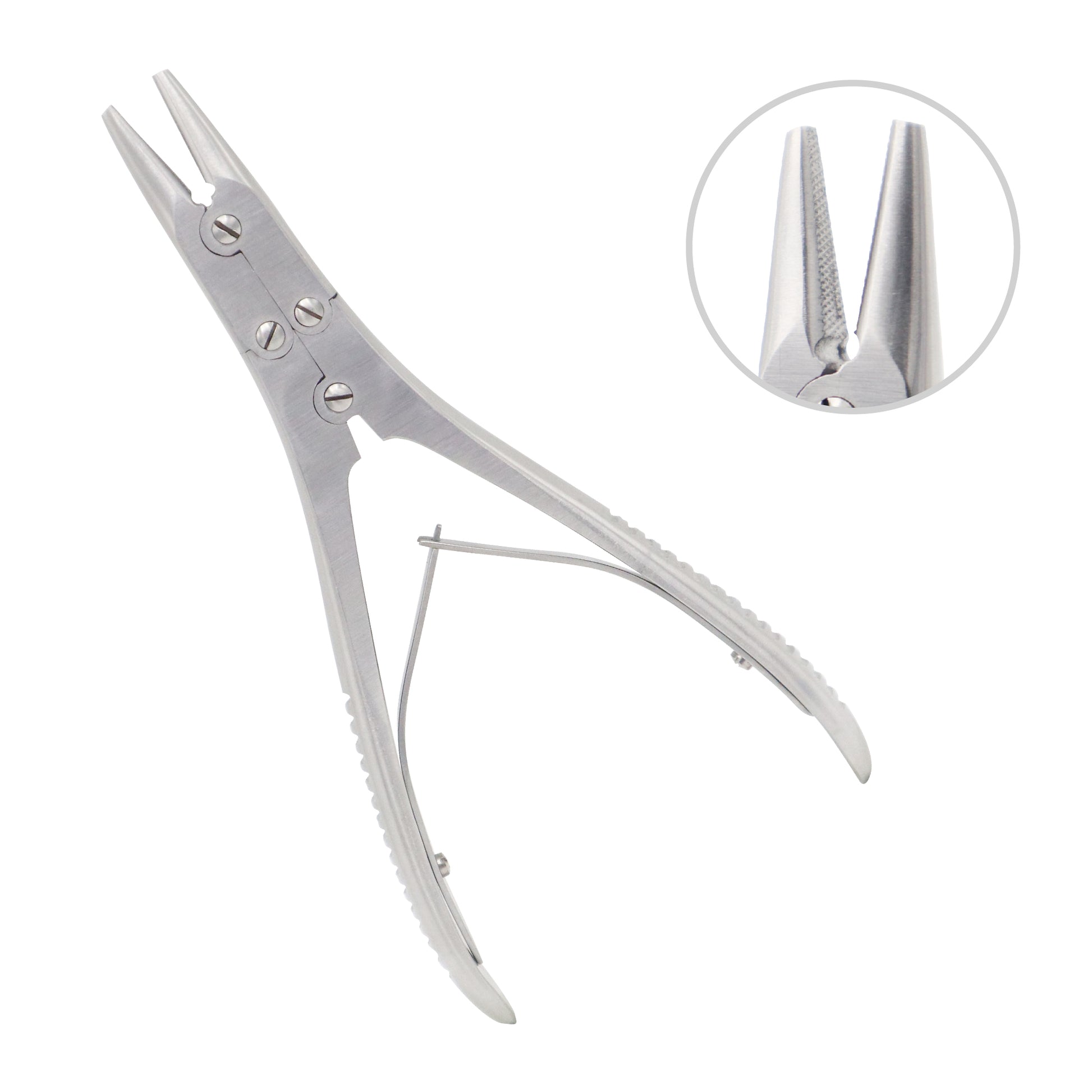 Metal pliers with a close-up inset showing the sharp tips on a white background