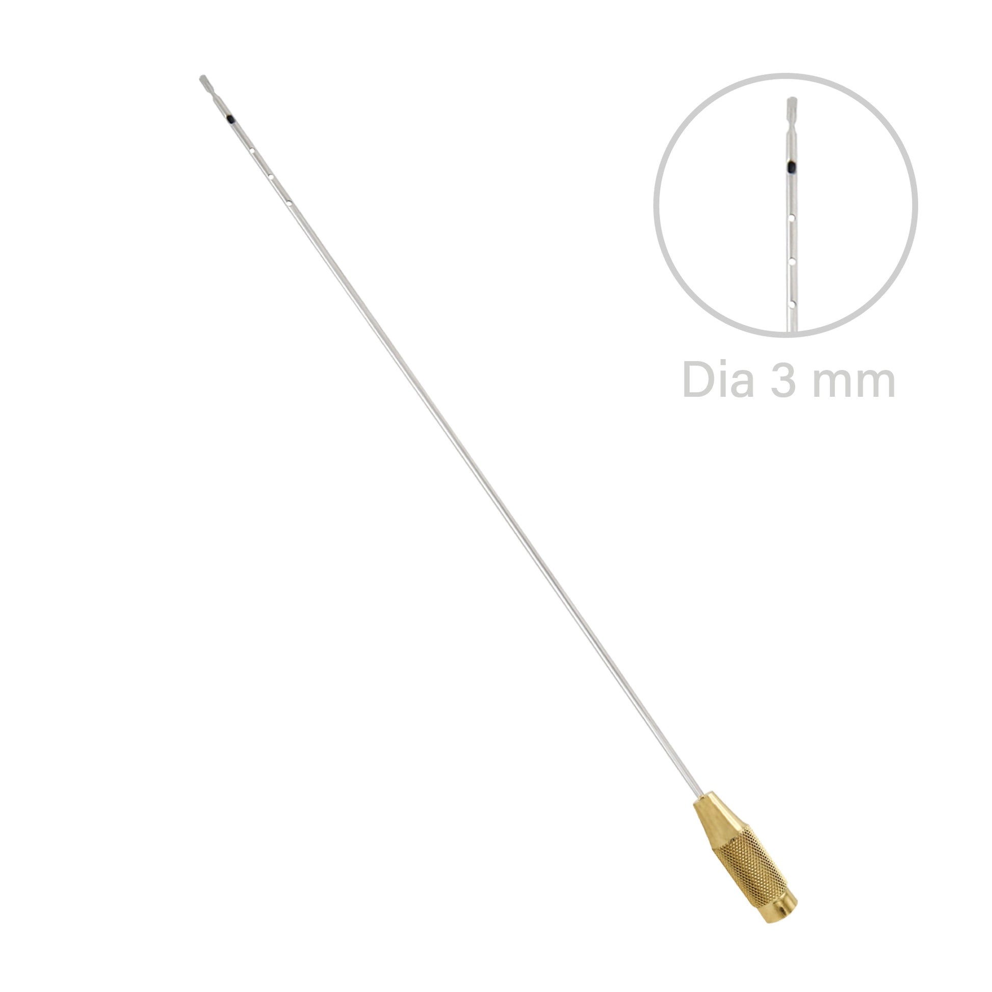 Metal rod with gold end and close-up inset on a white background