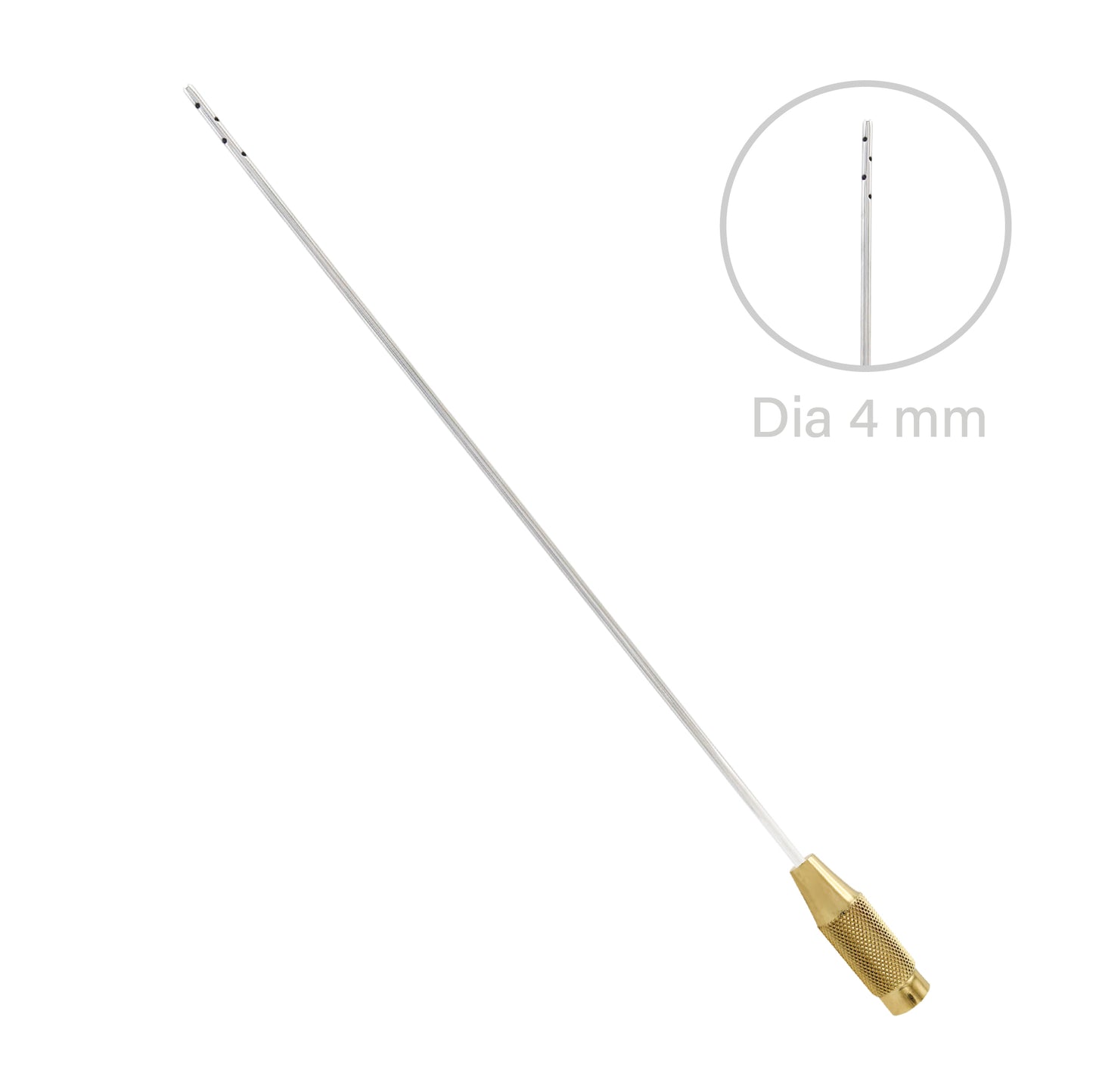 Metal rod with gold fitting and 'Dia 4 mm' text on a white background