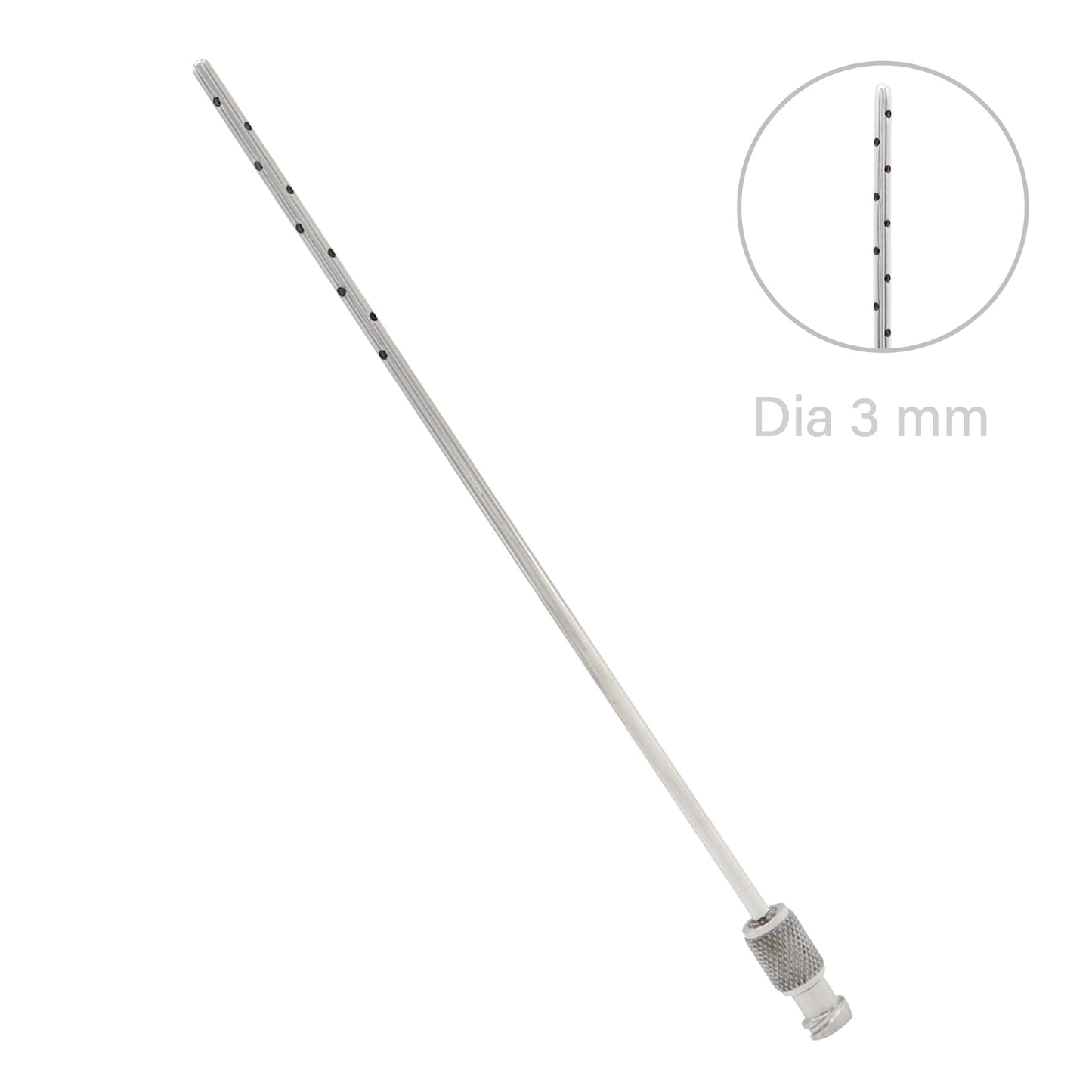 Metal rod with threaded end on a white background, labeled 'Dia 3 mm'.