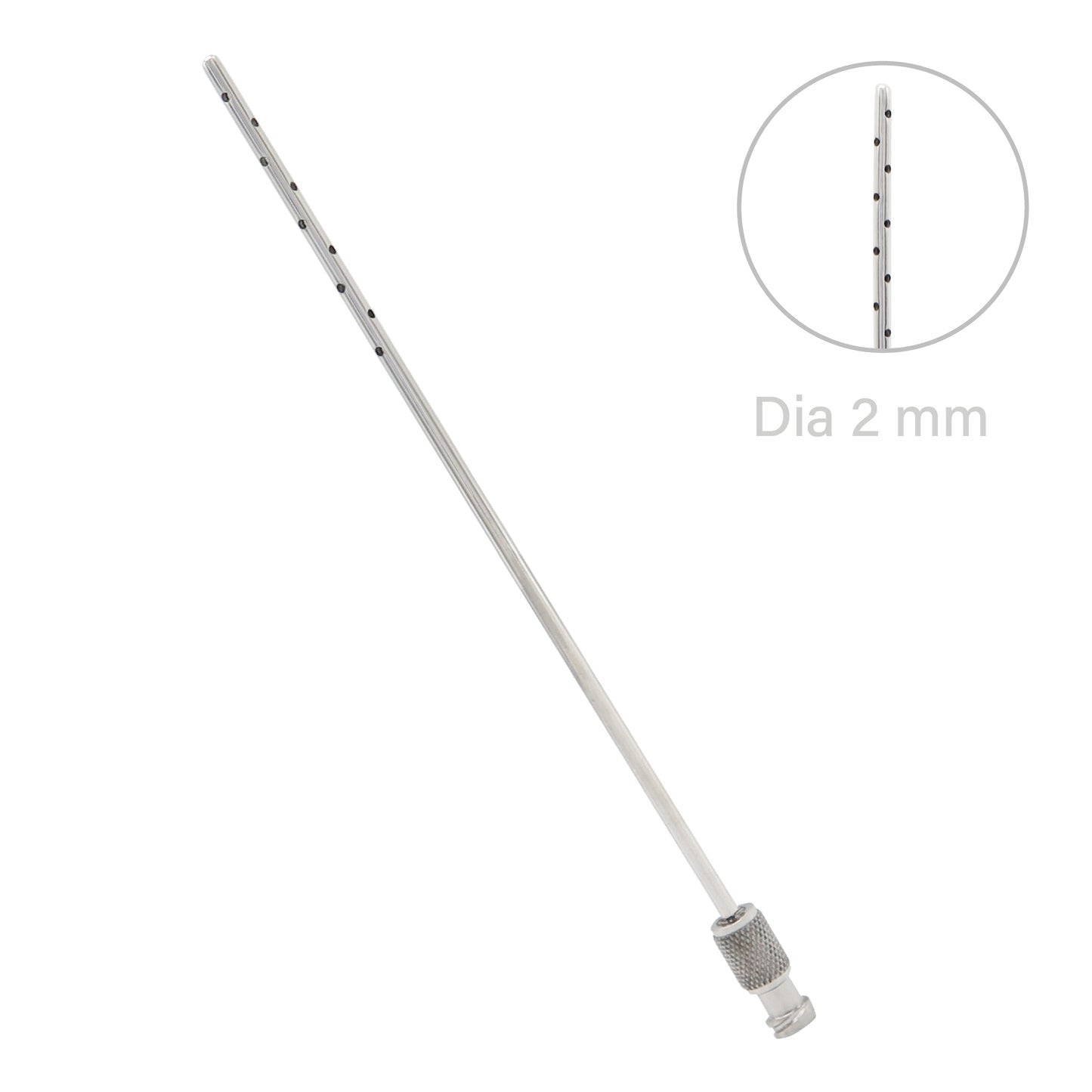 Metal rod with threaded end on a white background, labeled 'Dia 2 mm'.
