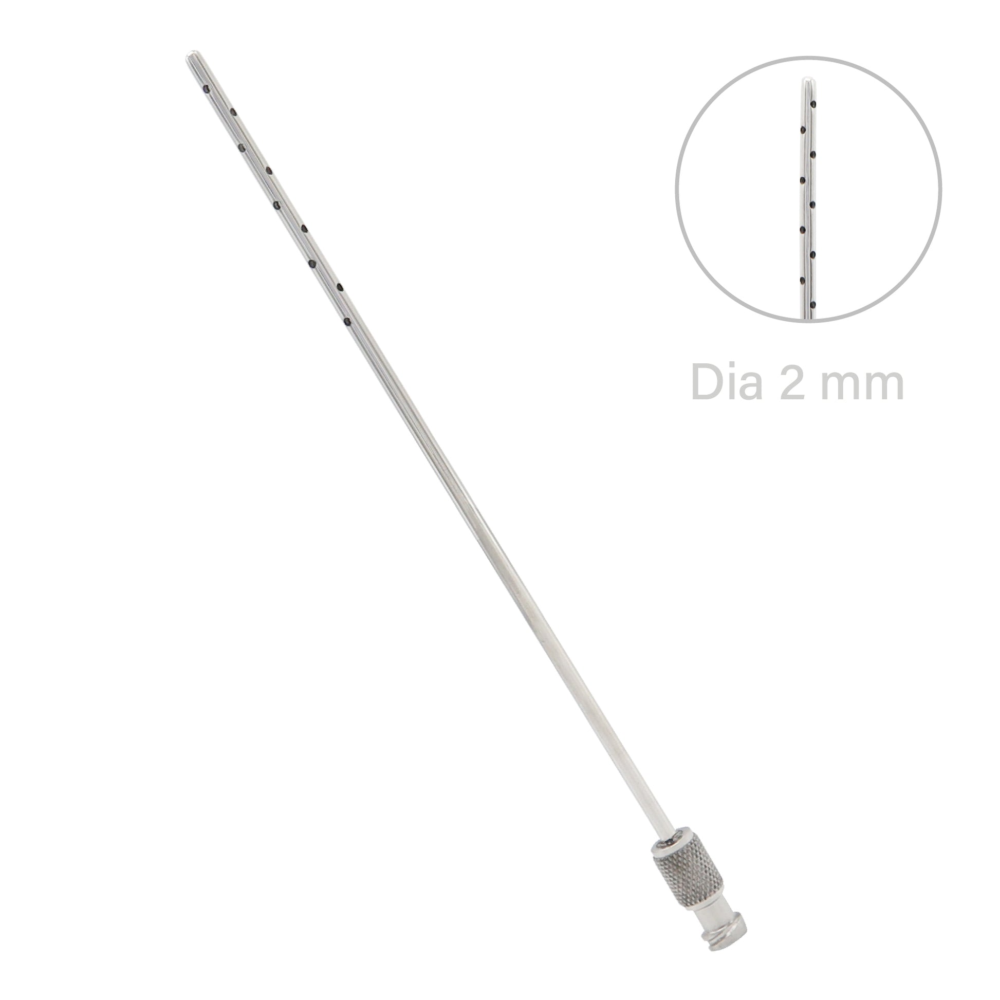Metal rod with threaded end on a white background, labeled 'Dia 2 mm'.