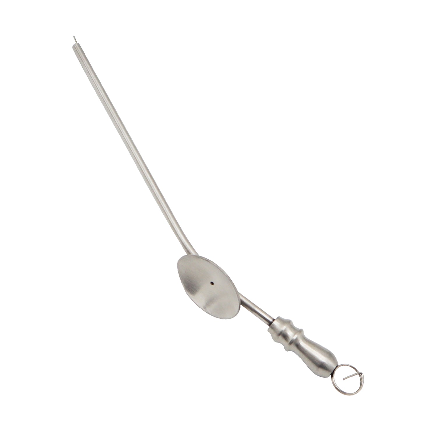 Metal skewer with a handle on a white background