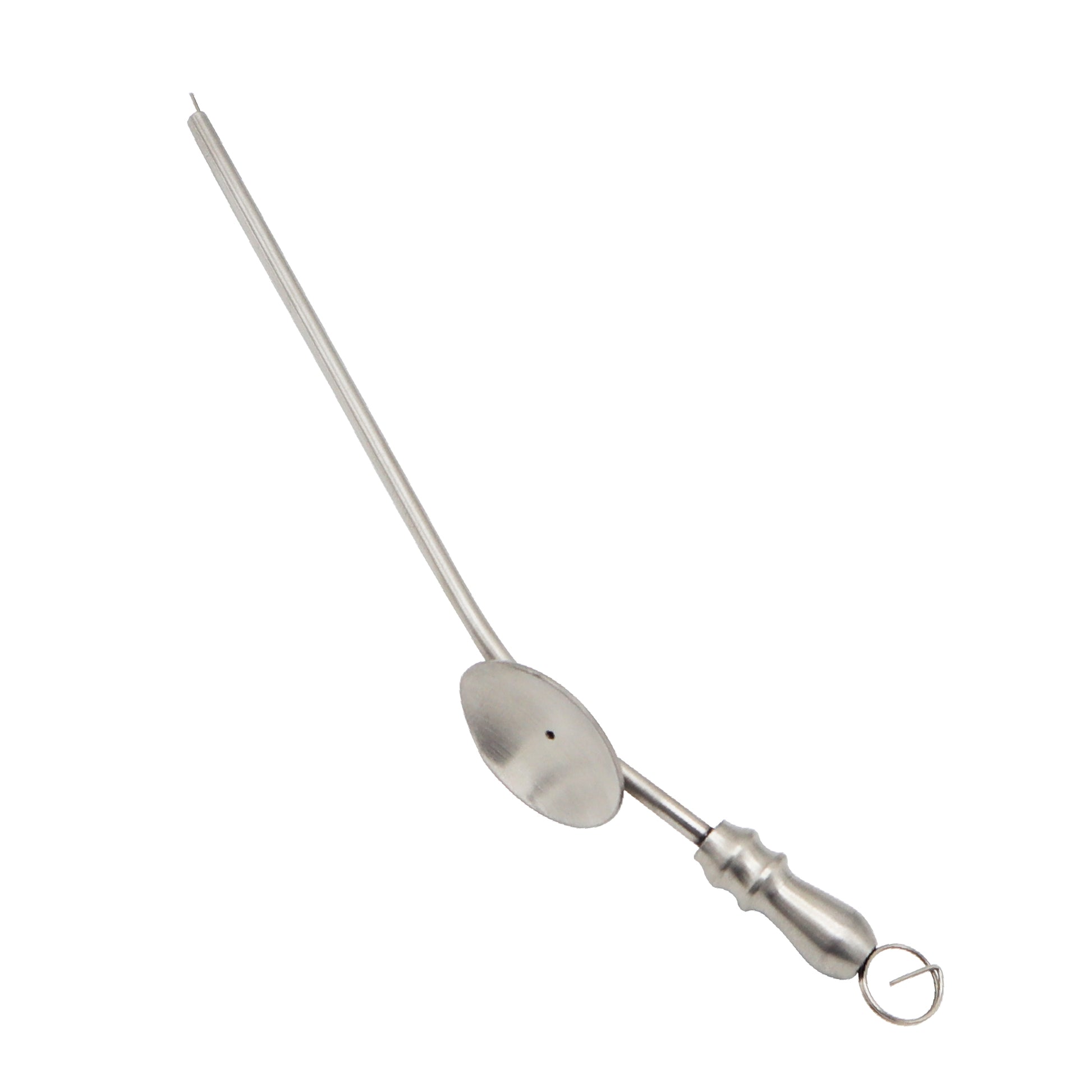 Metal skewer with a handle on a white background