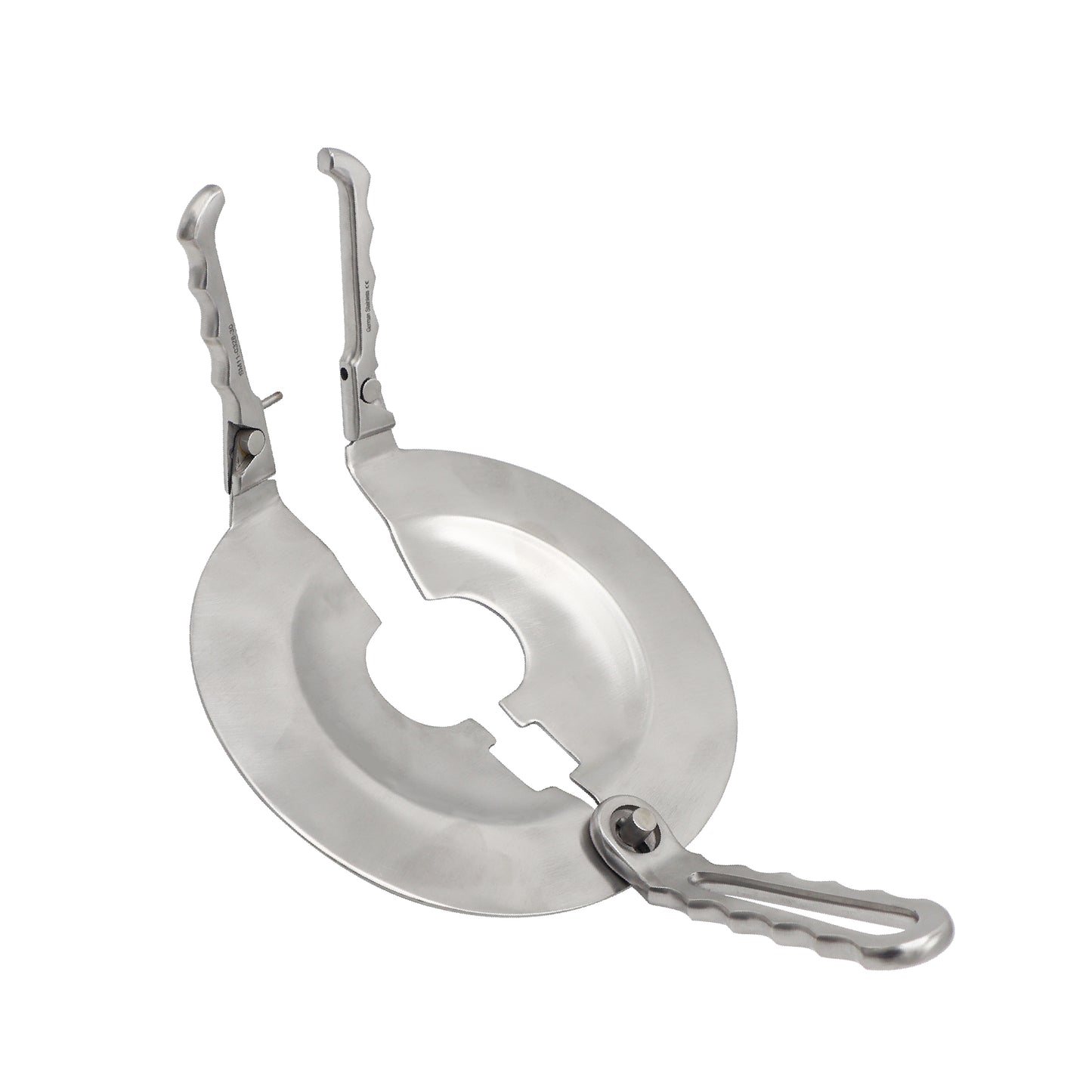 Metallic camping stove with a carabiner on a white background