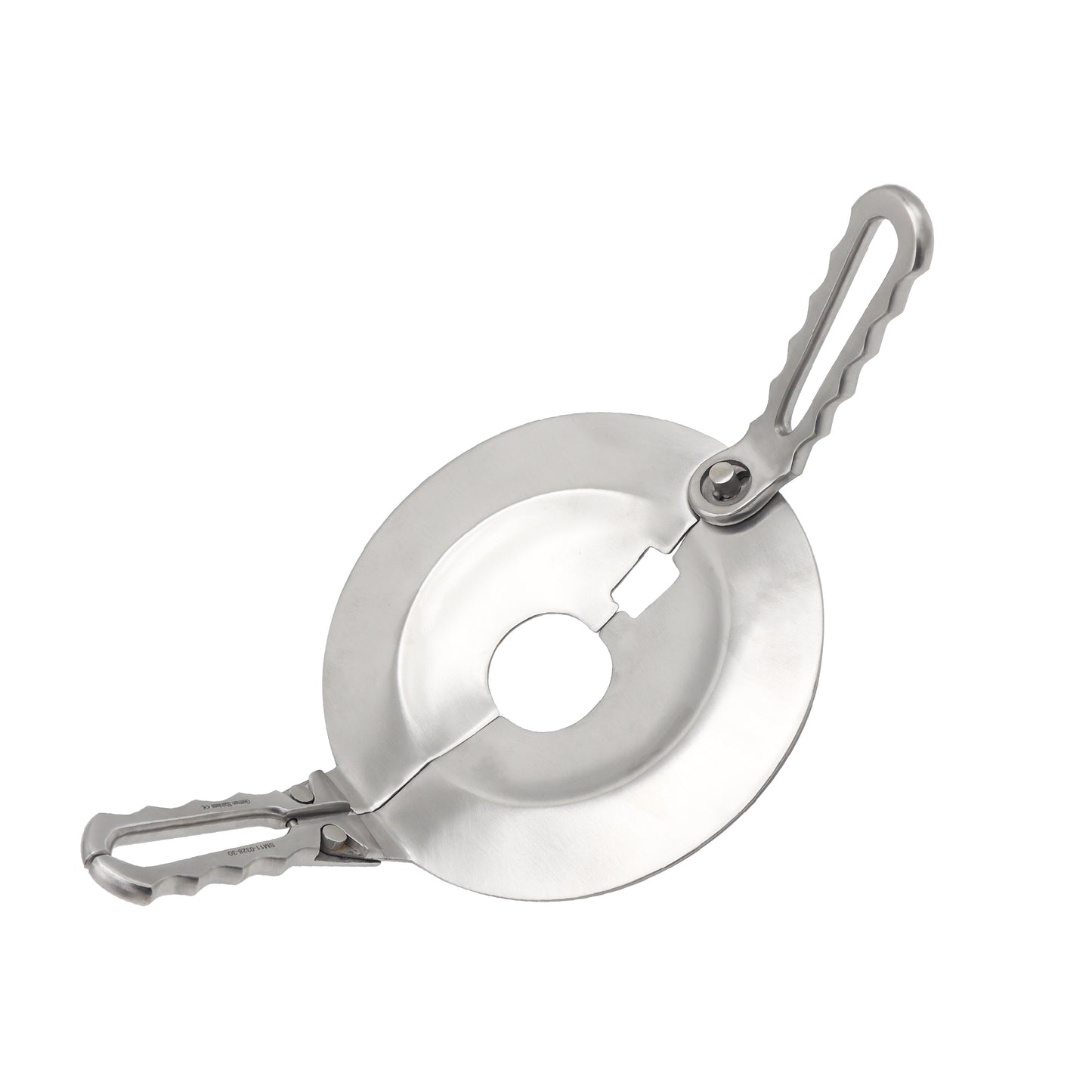 Metallic camping stove with carabiner on a white background
