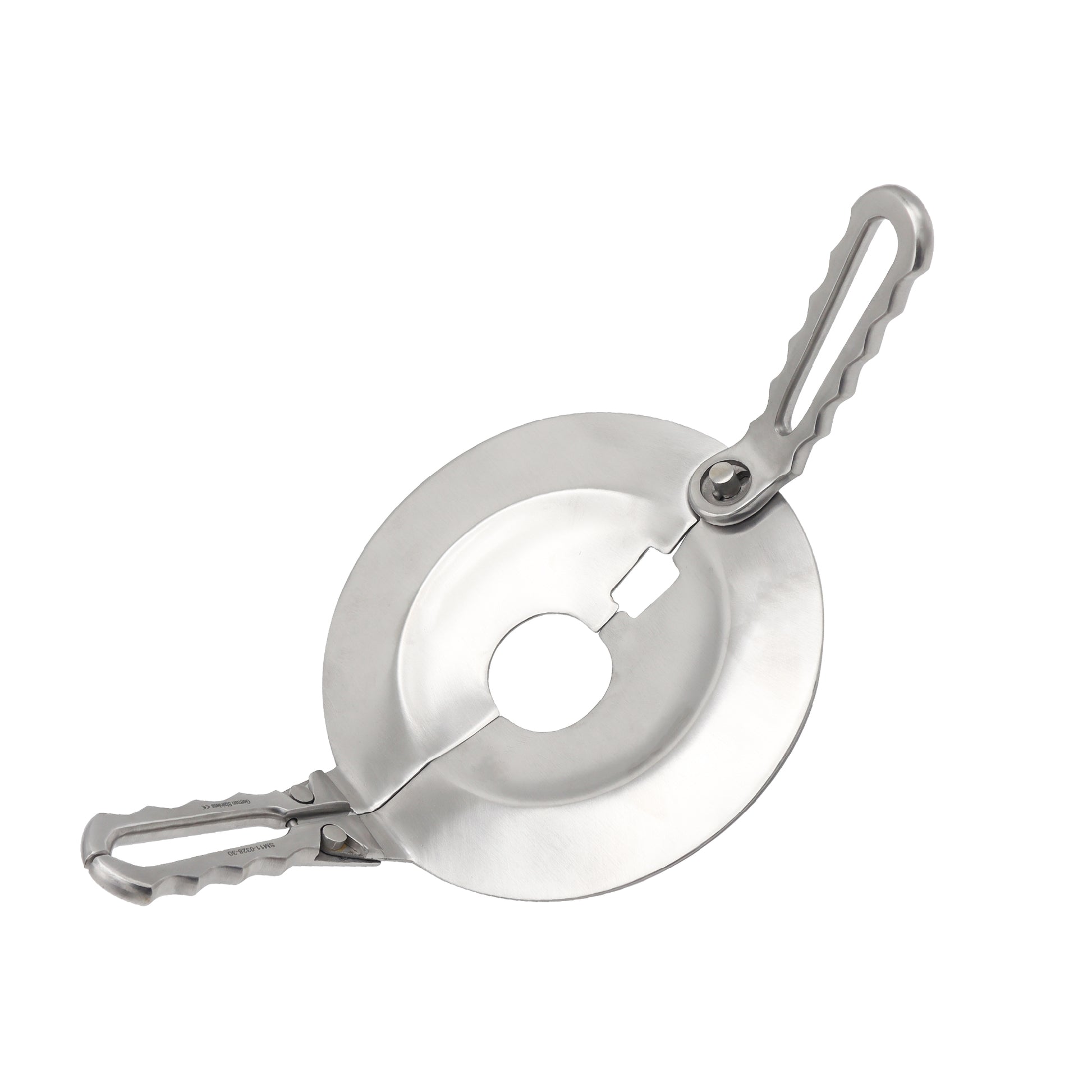 Metallic camping stove with carabiner on a white background