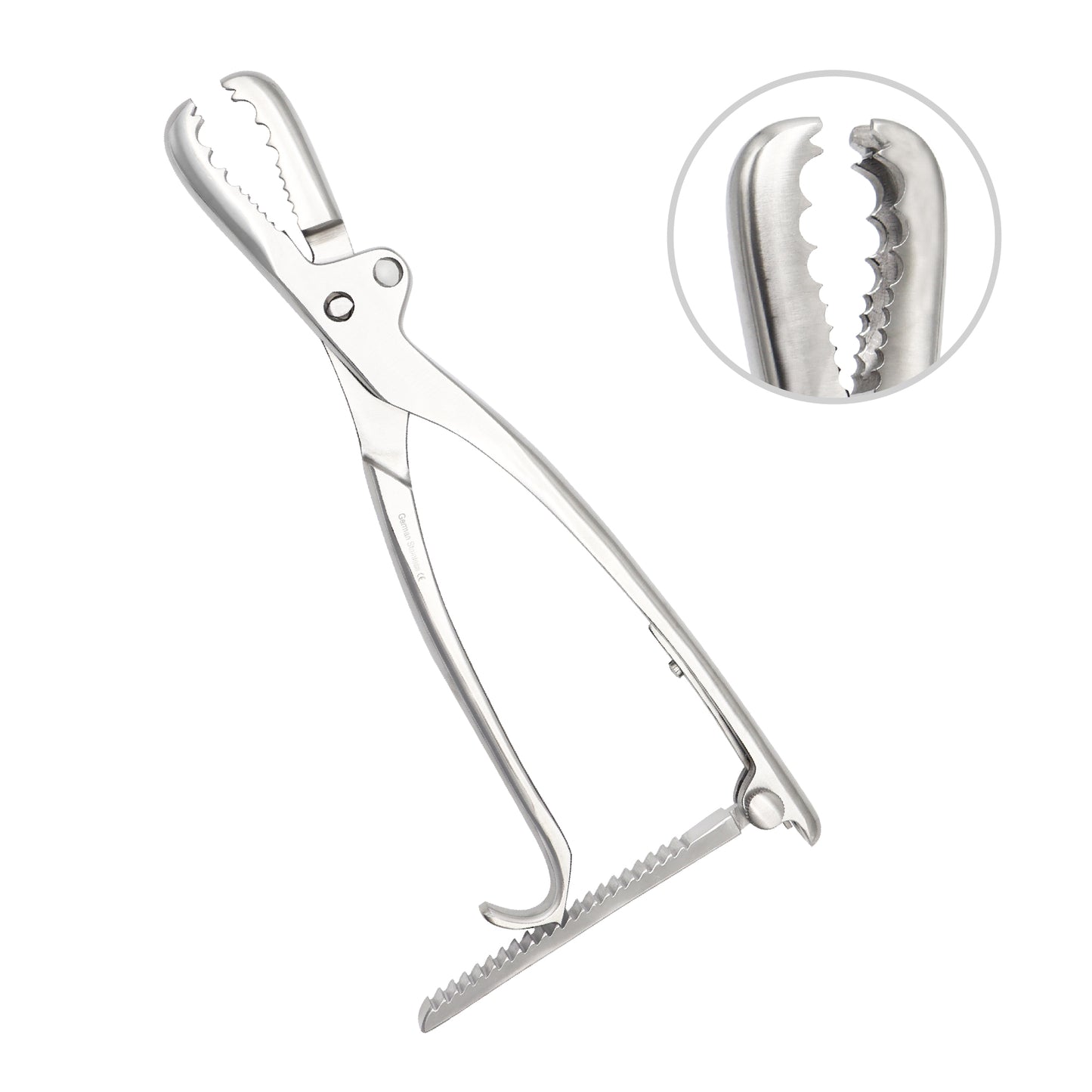 Metallic crab leg clip with close-up inset on a white background