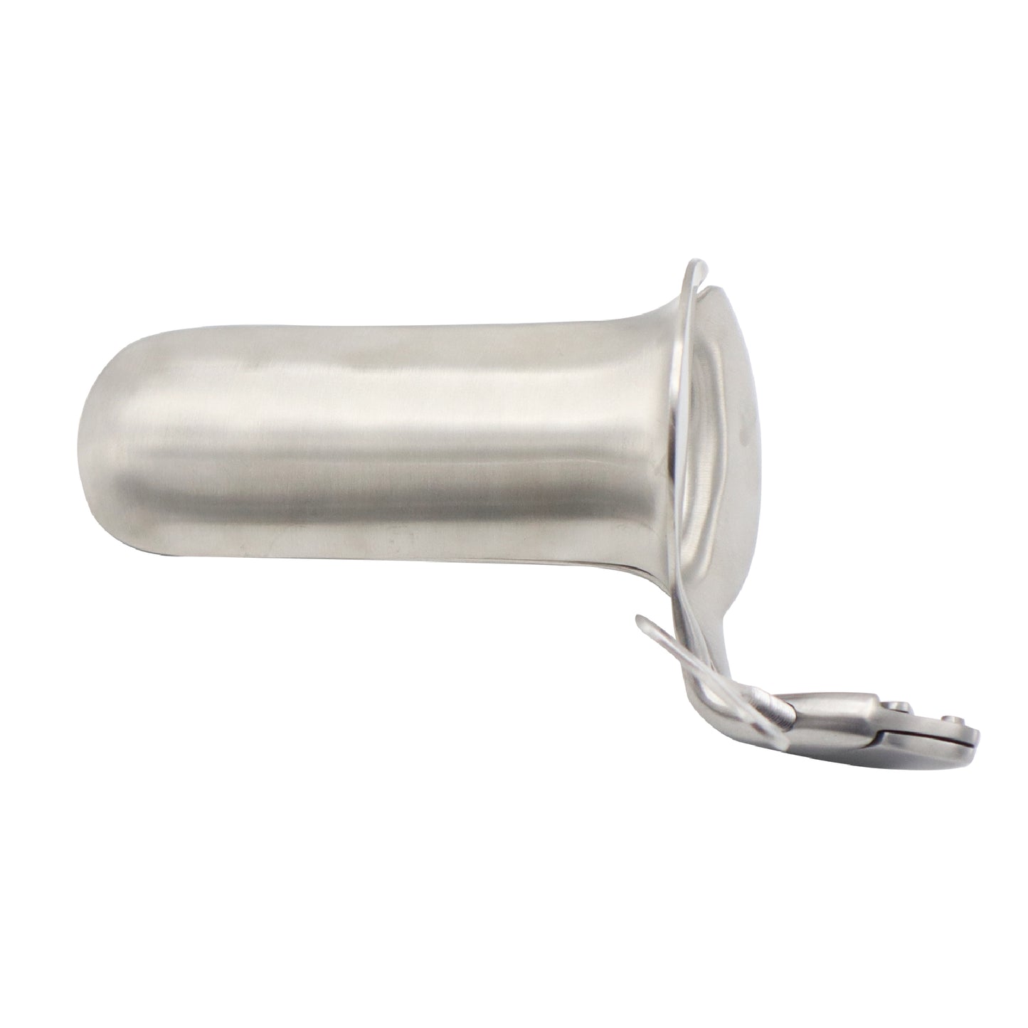 Metallic cylindrical container with a clasp on a white background