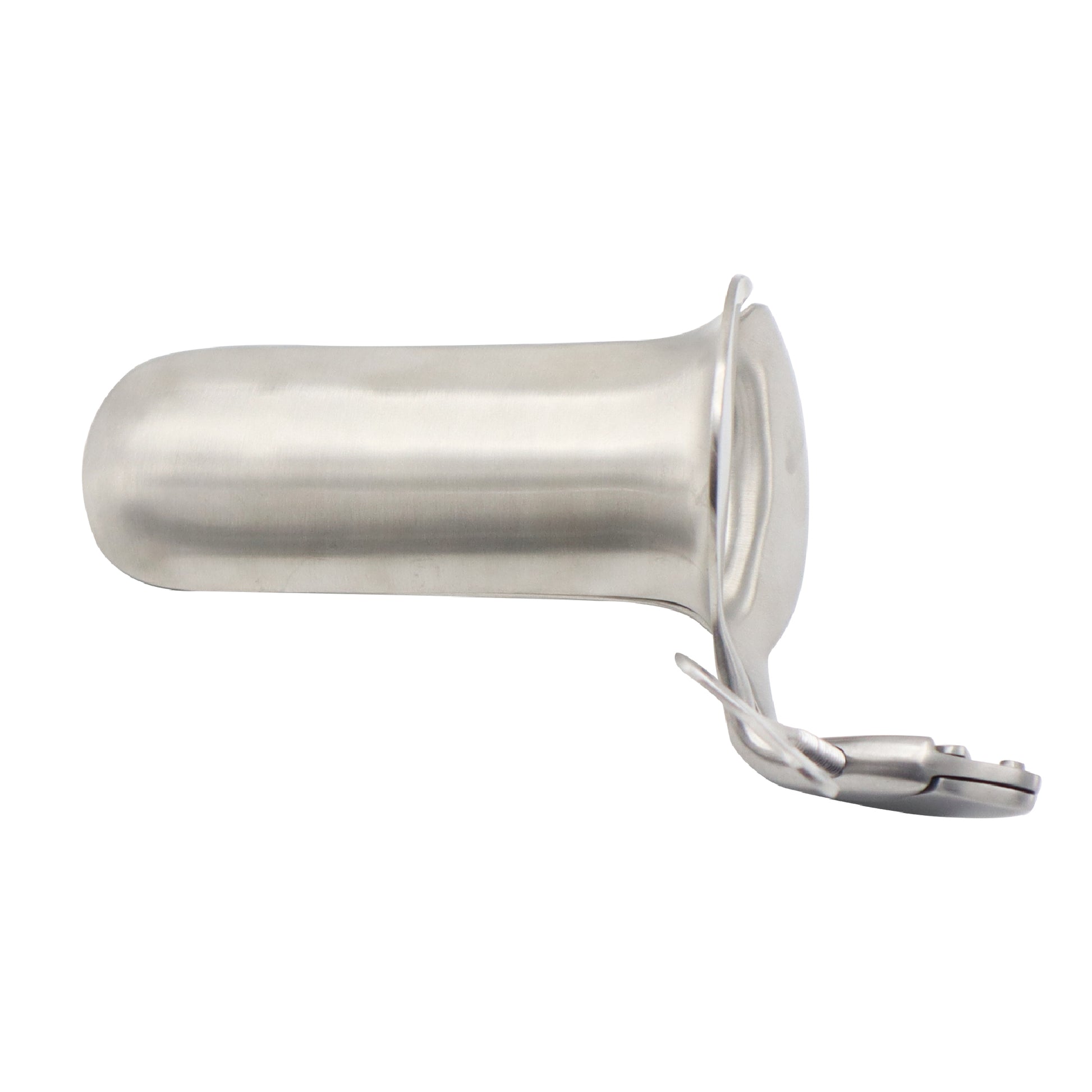 Metallic cylindrical container with a clasp on a white background