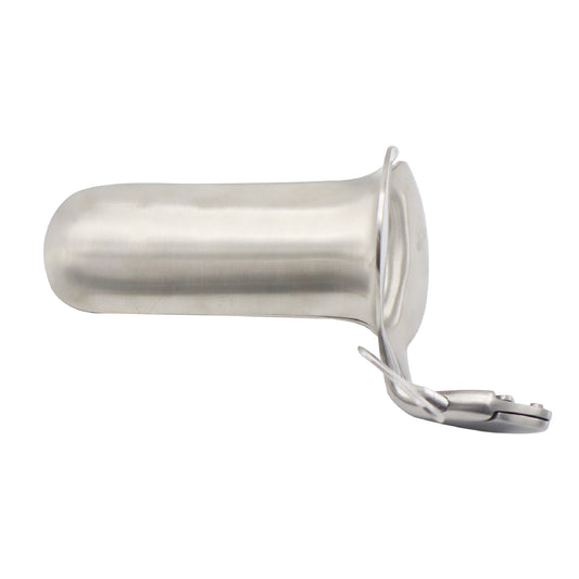 Metallic cylindrical container with a clasp on a white background