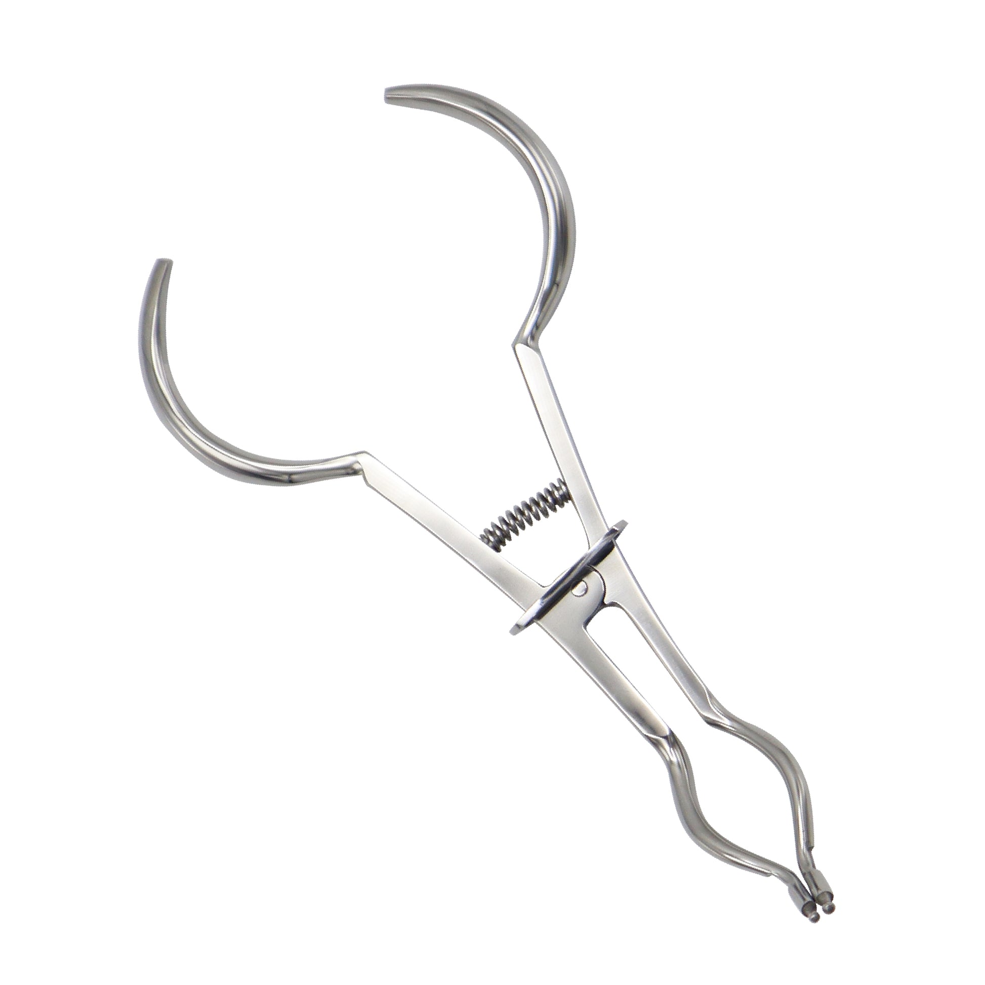 Metallic dental tool with curved design on a white background
