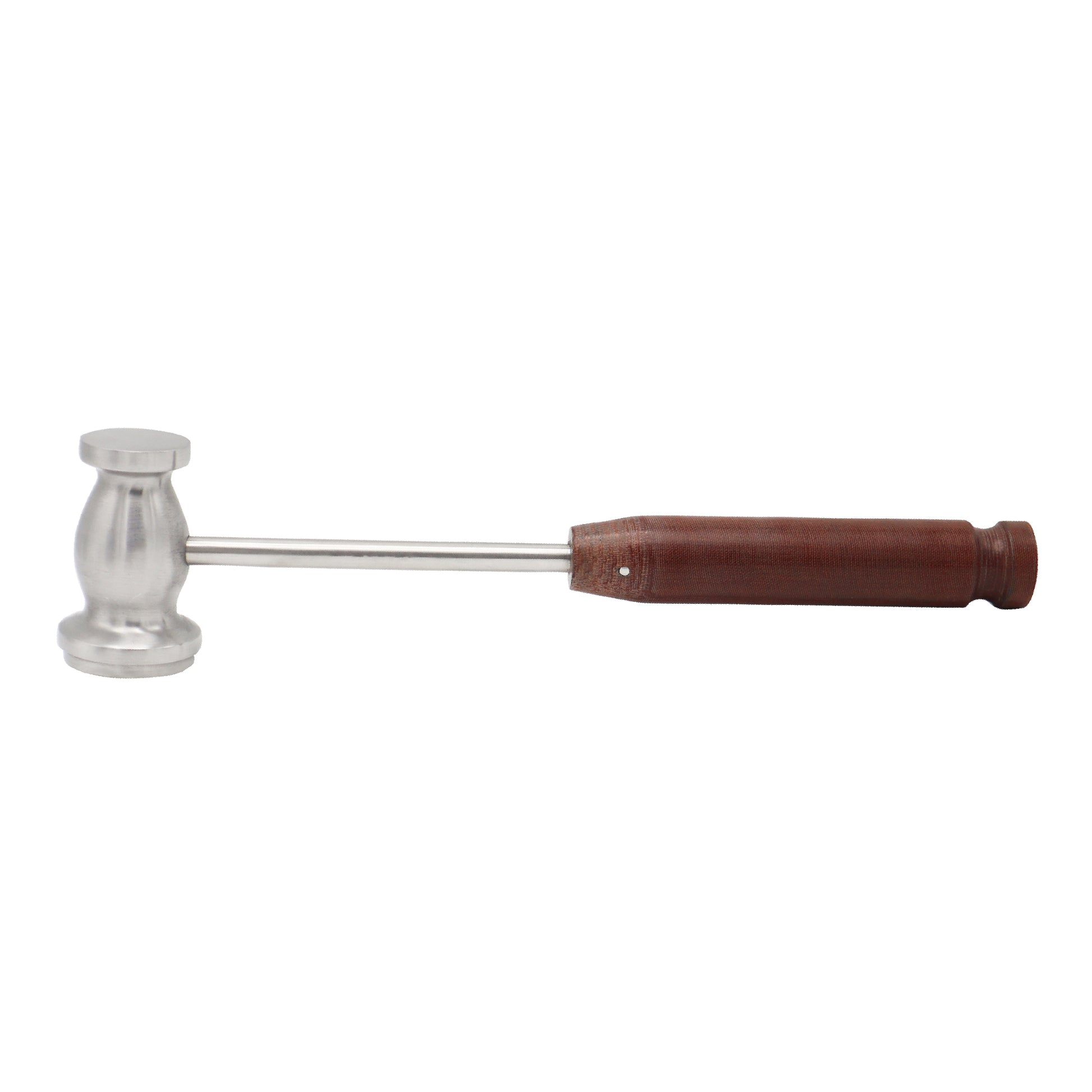 Metallic hammer with a brown handle on a white background