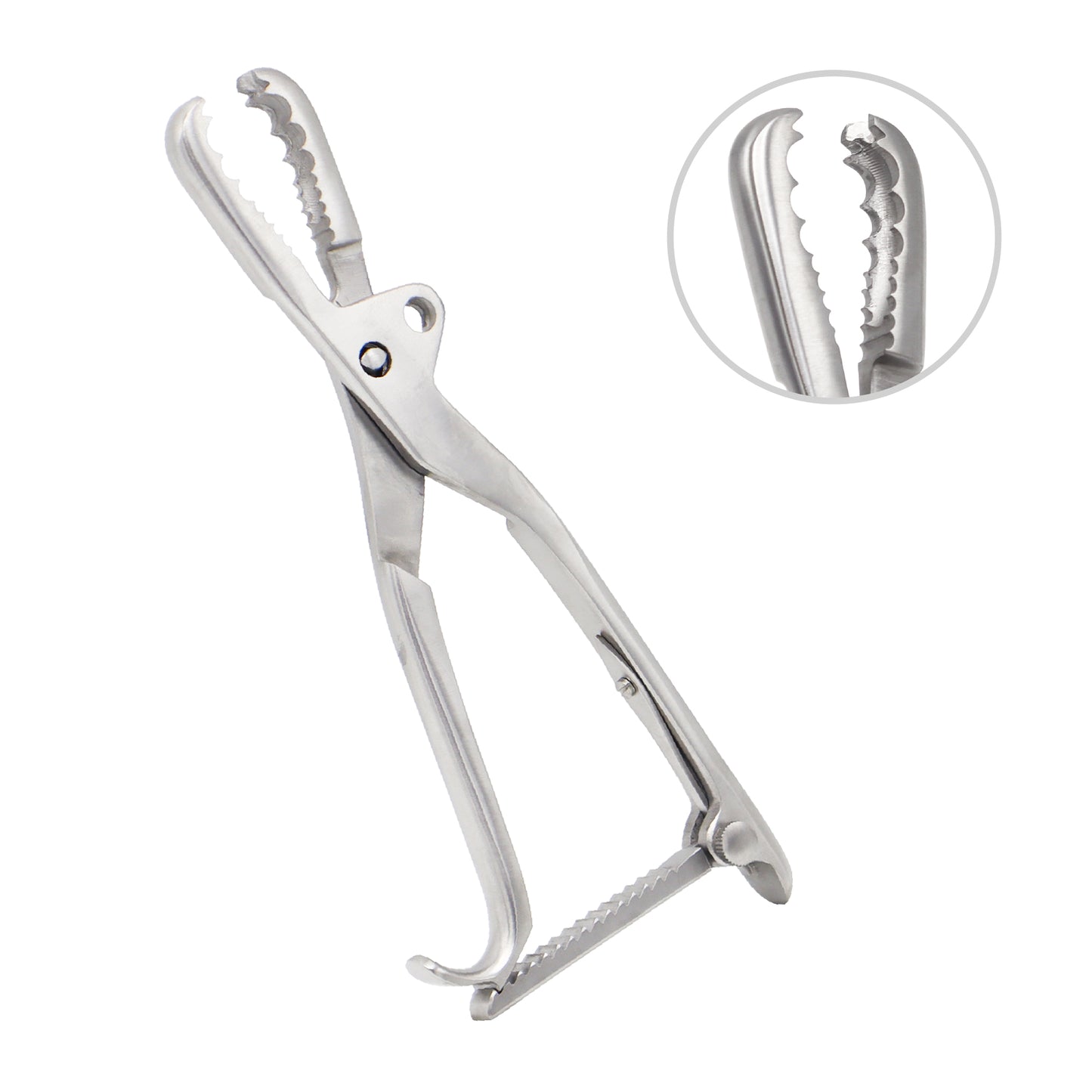 Metallic plier-like tool with a detailed inset on a white background