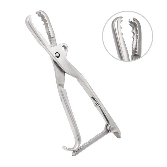 Metallic plier-like tool with a detailed inset on a white background