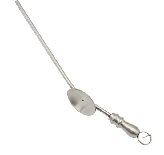 Metallic skewer with a handle on a white background
