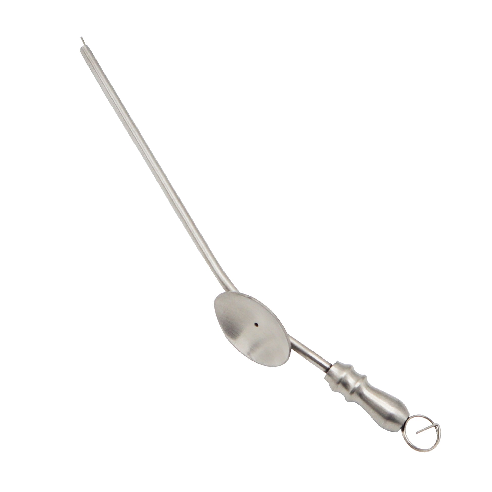 Metallic skewer with a spoon attachment on a white background