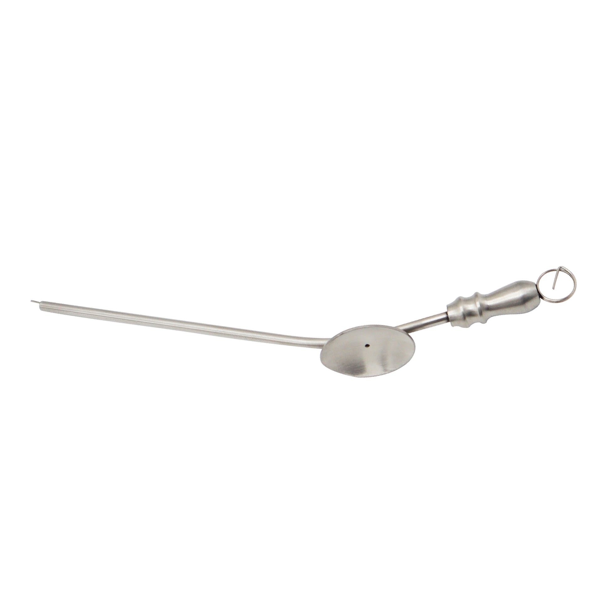 Metallic skewer with a thermometer on a white background