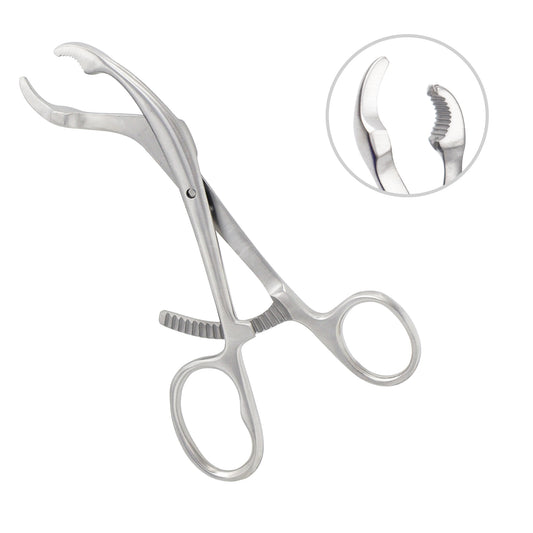 Metallic surgical clamp with a close-up inset on a white background