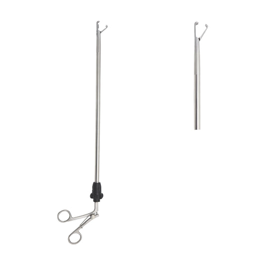 Metallic tool with a long shaft and adjustable components on a white background