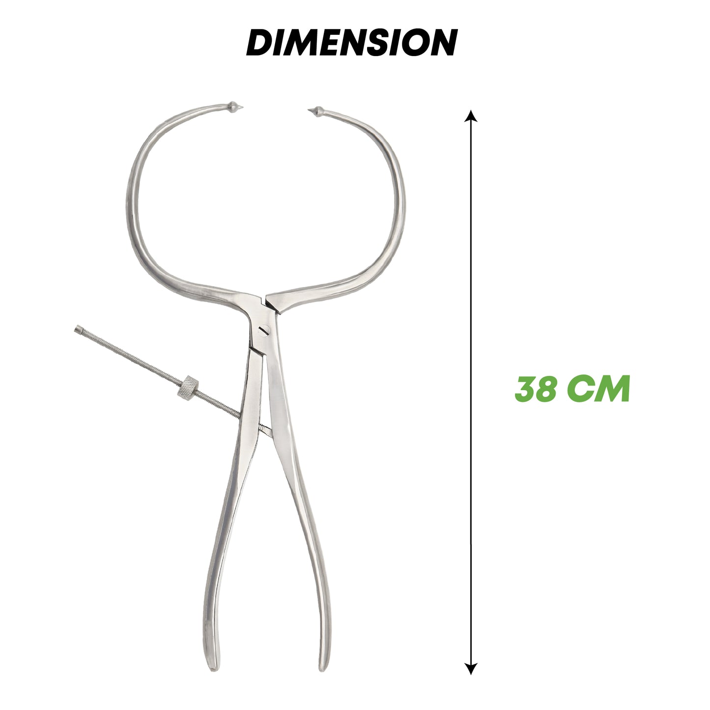 Metallic tool with a needle and measurement label indicating 38 cm on a white background