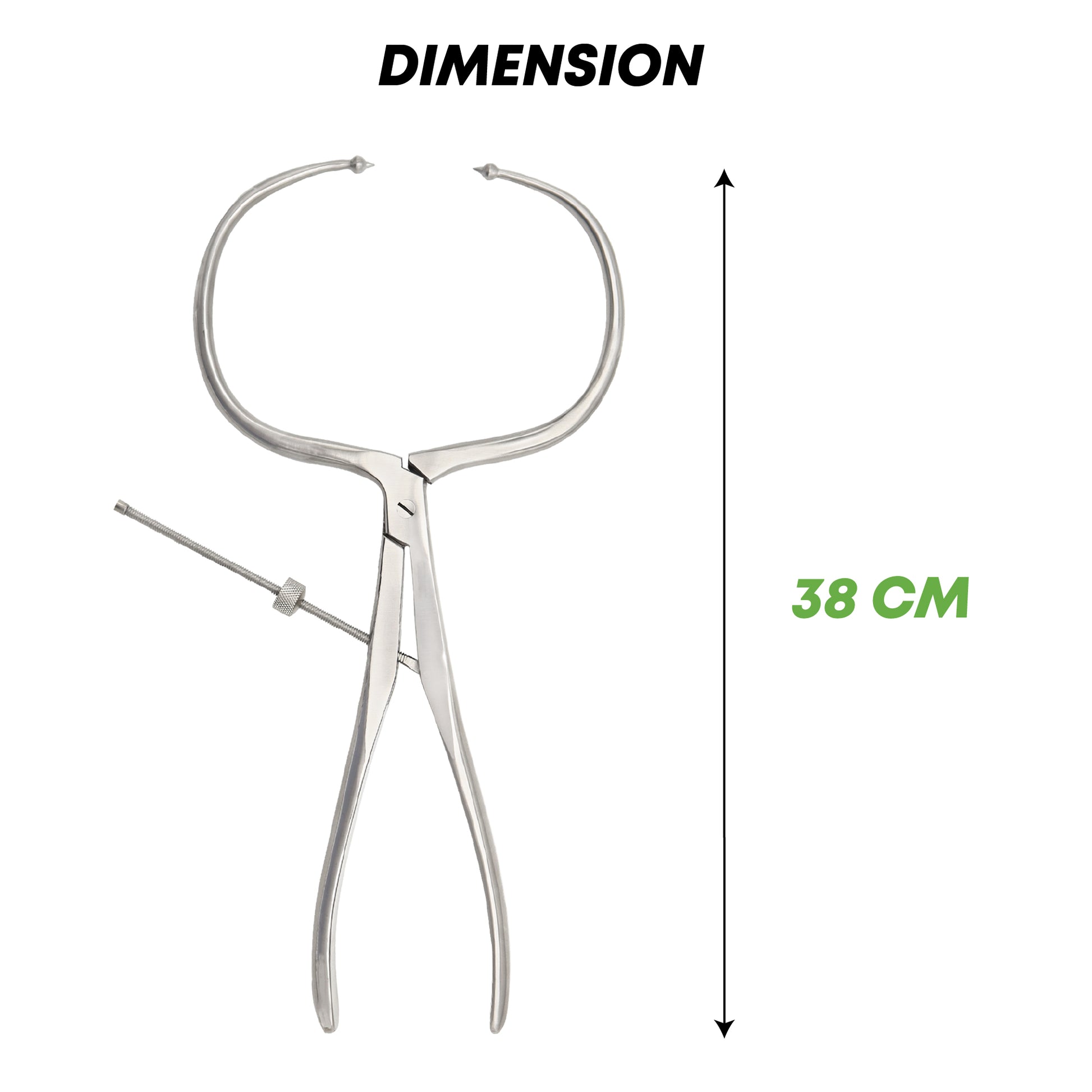 Metallic tool with a needle and measurement label indicating 38 cm on a white background