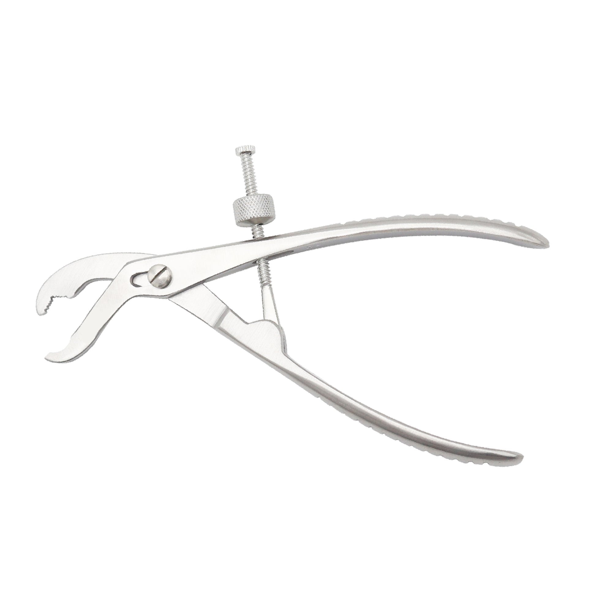 Metallic tool with a screw on a white background