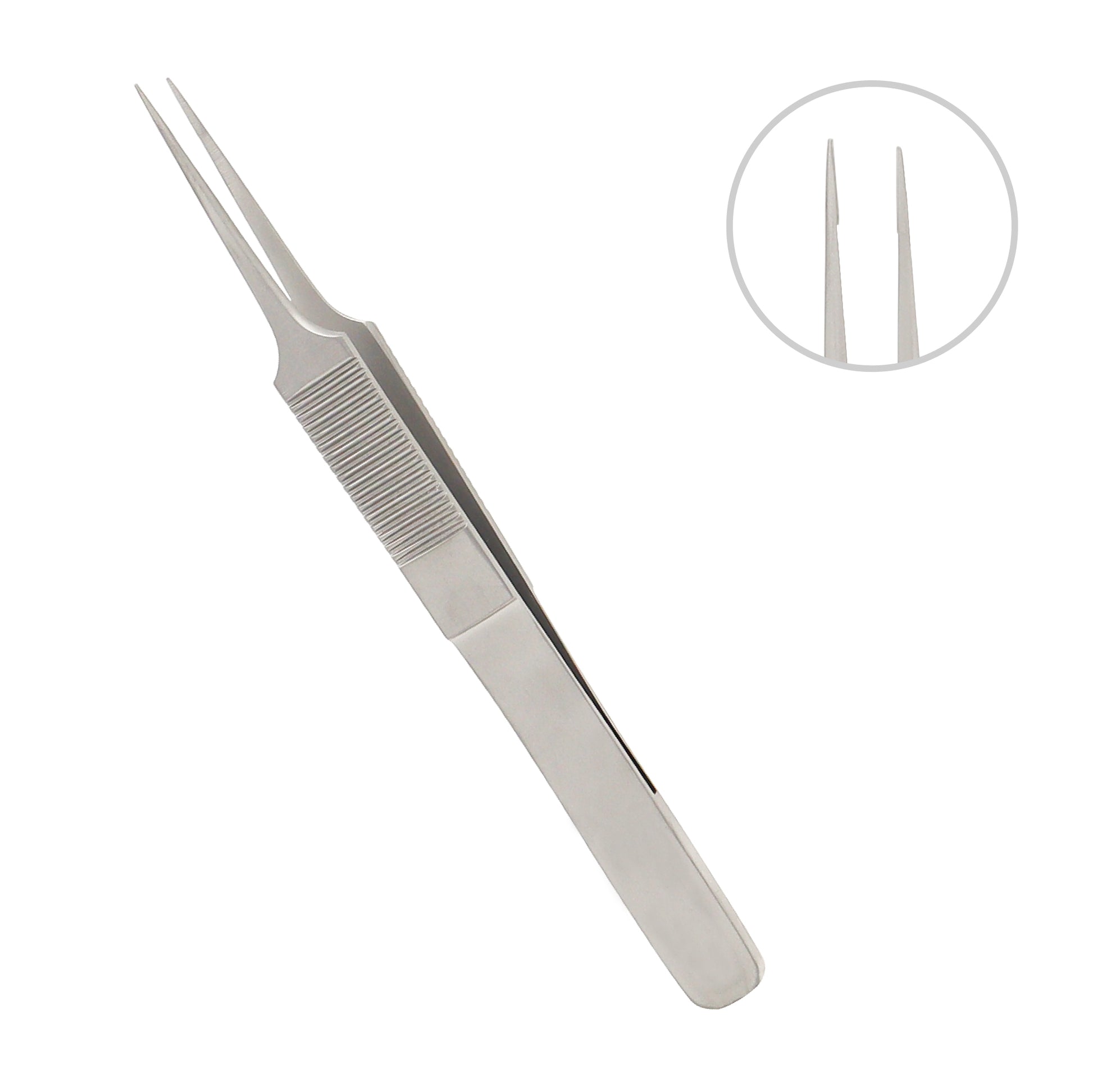 Stainless steel tying jewelers forceps, 11.5 cm overall length, 7.5 mm platform, used for precise control in ophthalmic microsurgery