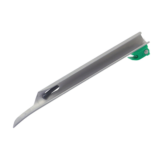 Single-use Miller Blades laryngoscope blade, sterile medical instrument used for airway management procedures, isolated on a clean background.