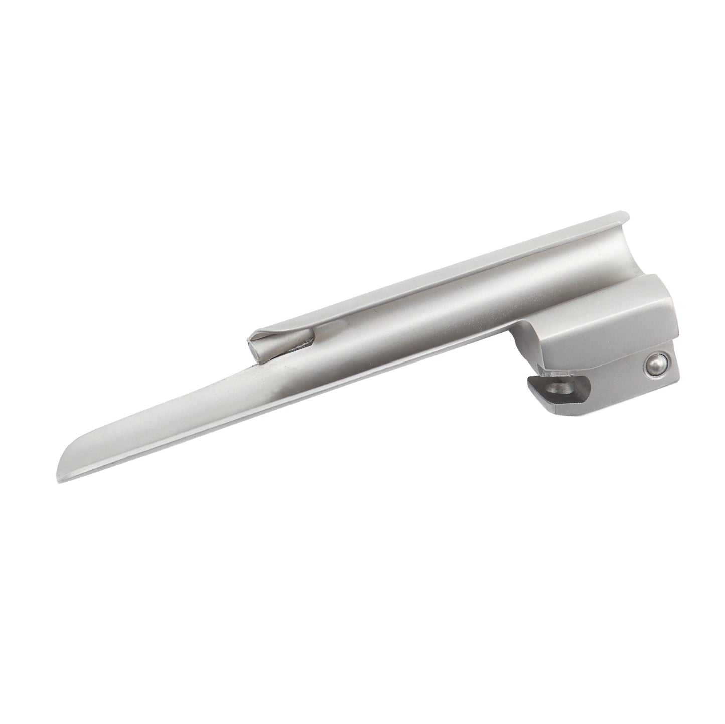 A professional-grade stainless steel Miller laryngoscope blade with an integrated fiber optic light pipe, featuring a straight profile and curved tip for neonate to adult tracheal intubation.