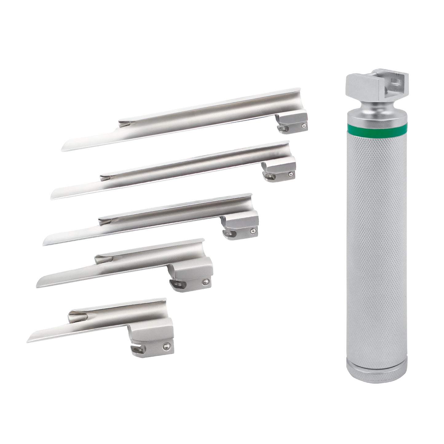 A professional medical laryngoscope set featuring five stainless steel Miller-style straight blades in graduated sizes (0 to 4) and one medium fiber optic battery handle with a green indicator ring, displayed against a clean white background.