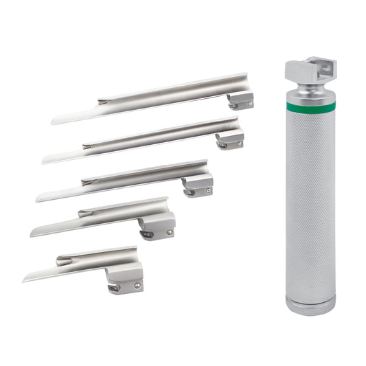A professional medical laryngoscope set featuring five stainless steel Miller-style straight blades in graduated sizes (0 to 4) and one medium fiber optic battery handle with a green indicator ring, displayed against a clean white background.