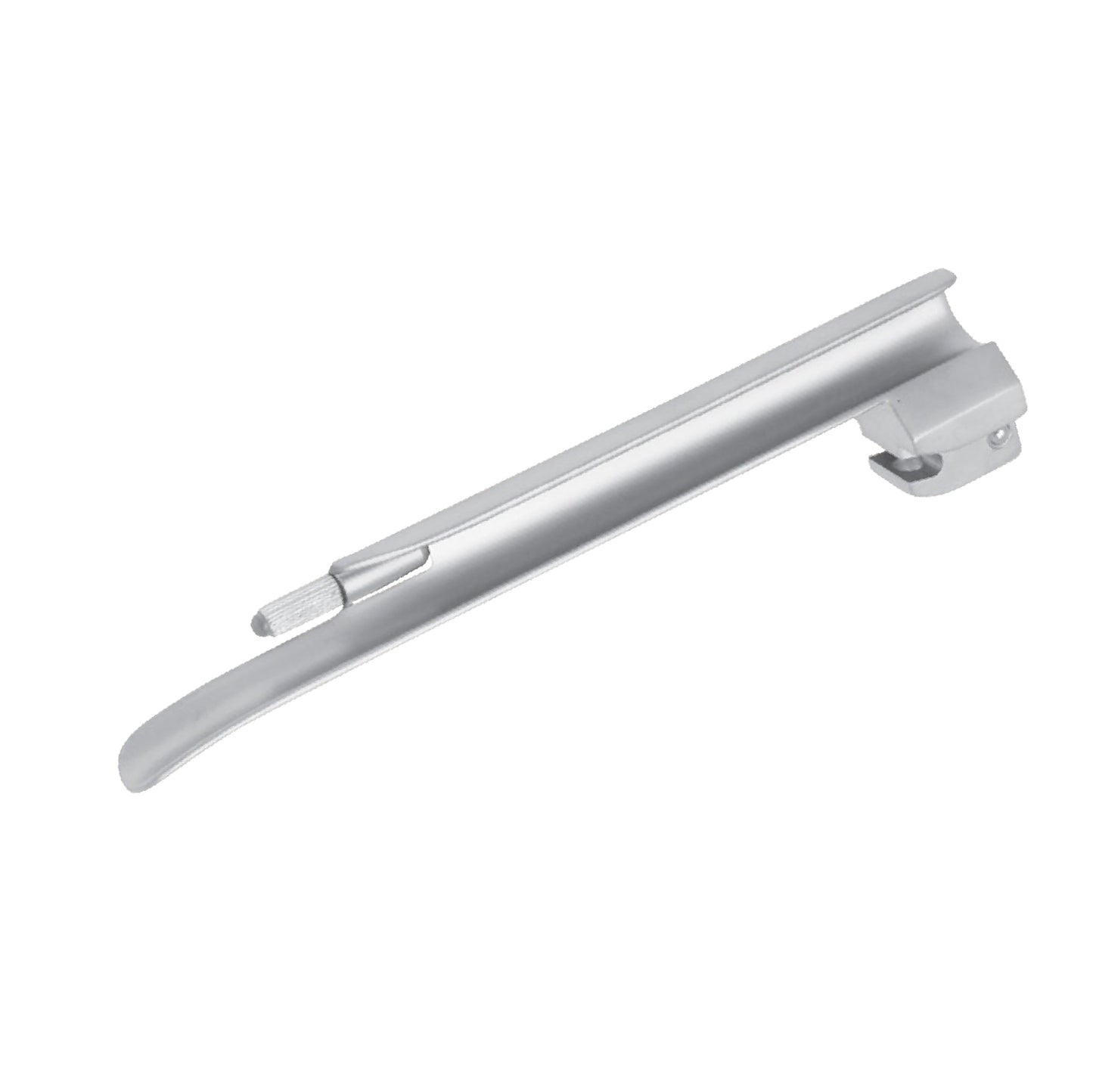 A straight stainless steel Miller laryngoscope blade with a distal light bulb for conventional airway illumination.