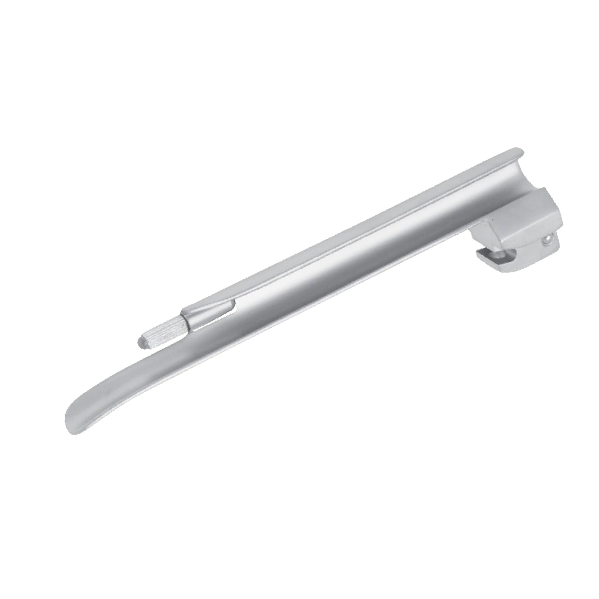 A straight stainless steel Miller laryngoscope blade with a distal light bulb for conventional airway illumination.