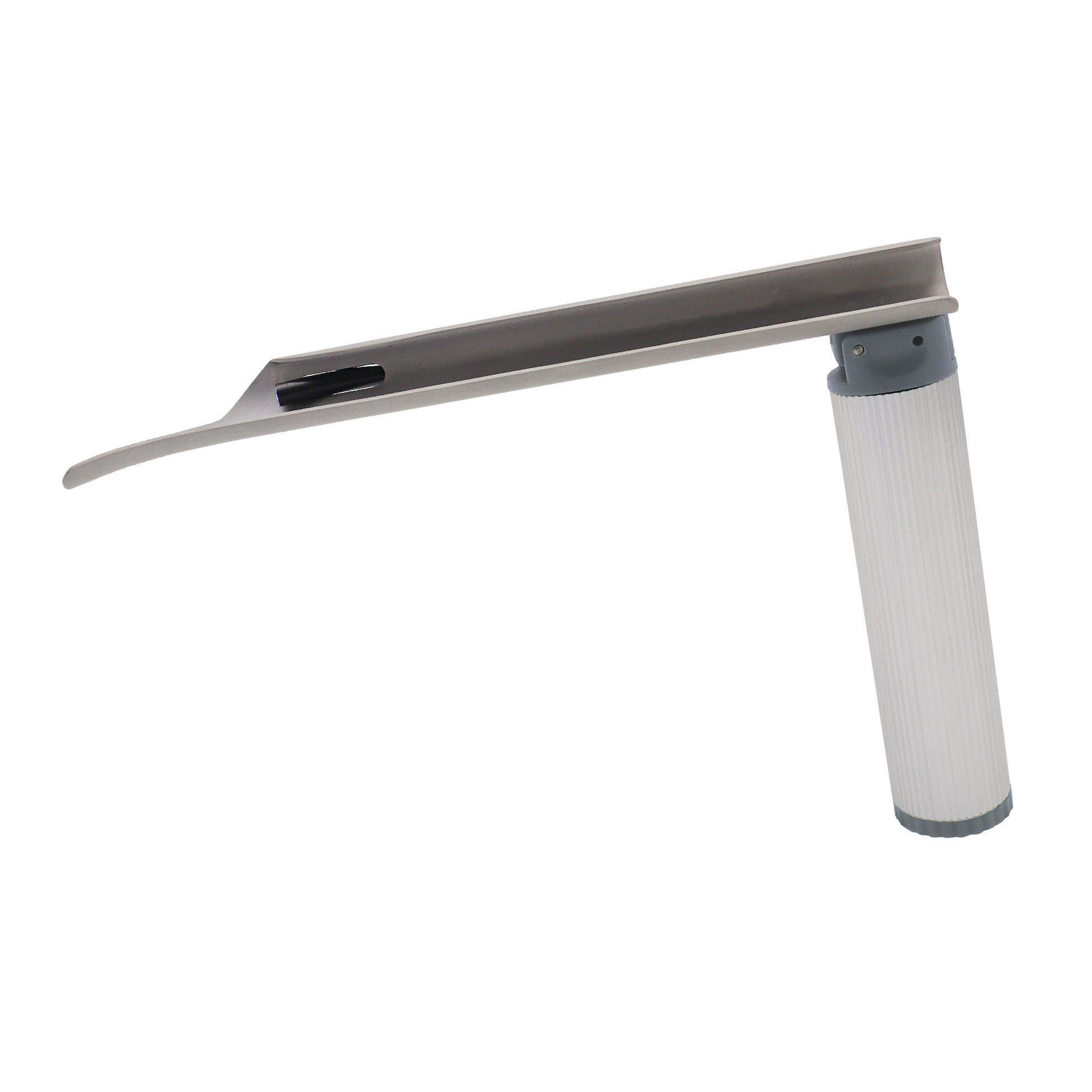 Miller Laryngoscope Combo angled front view showing a single-use stainless steel blade with integrated fiber optic light, designed for precise and safe intubation procedures.