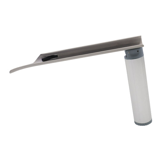 Miller Laryngoscope Combo angled front view showing a single-use stainless steel blade with integrated fiber optic light, designed for precise and safe intubation procedures.