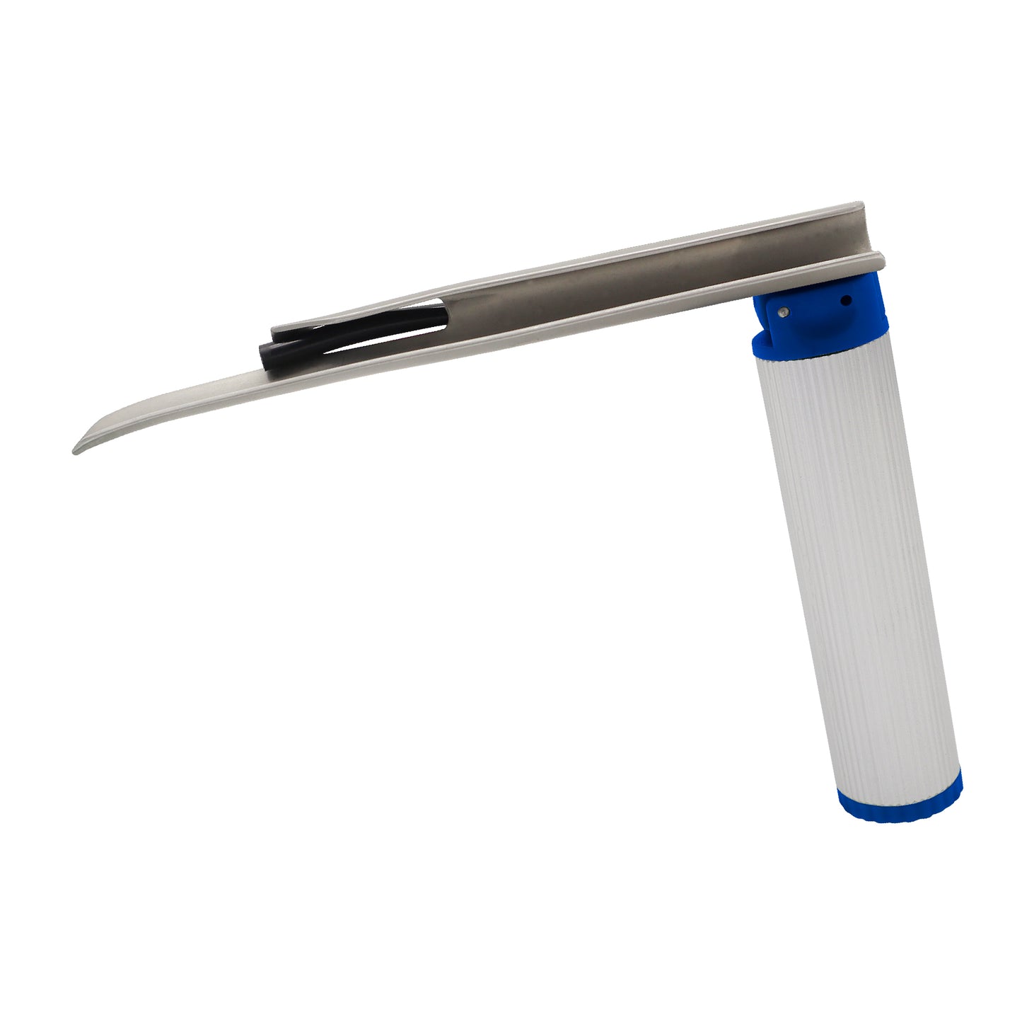 Miller Laryngoscope Combo clinical position view showing single-use stainless steel blade with fiber optic illumination ready for intubation procedure use.